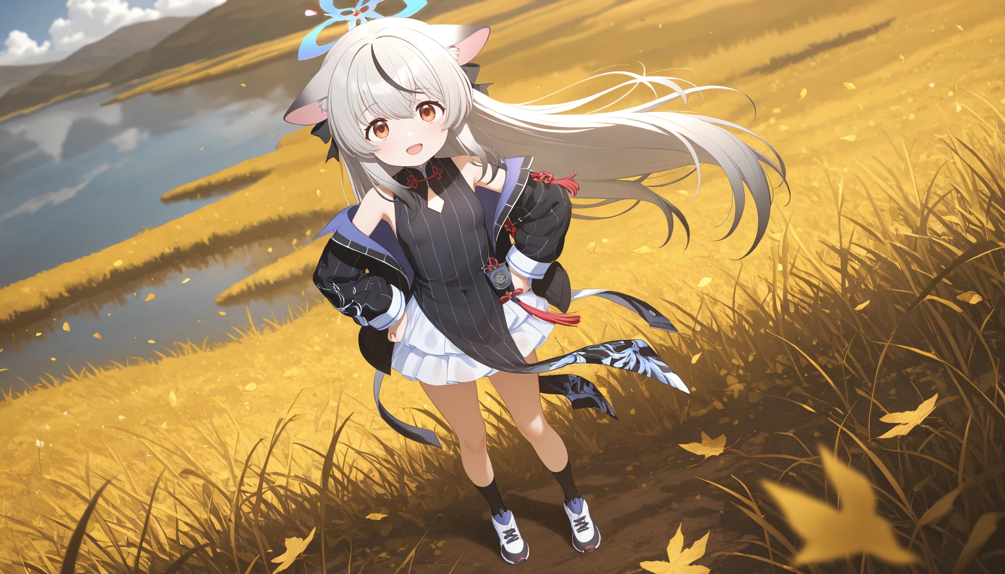 masterpiece,best quality,amazing quality,very aesthetic,absurdres,newest,scenery,
1girl,<lora:å¿å¥:0.8>,Sunohara Kokona,halo,animal ear fluff,animal ears,gray hair,multicolored hair,long hair,
yifuSK white dress,yifuSK black jacket,yifuSK black socks,yifuSK black chinese clothes,yifuSK sleeveless chinese clothes,yifuSK white and black shoes,yifuSK striped chinese clothes,
((((detailed background)))),(((very detailed background))),full body,meadow,embarrass,cloud,from_above,1girl,solo,((in autumn)),((spacey)),((wind)),((tall grass)),horizon,((very strong wind)),high angle,lake,:d,pointing_at_viewer,hand on own hips,golden theme,
photorealistic,masterpiece,best quality,amazing quality,very aesthetic,absurdres,newest,scenery,volumetric lighting,((absurdres)),(((32k ultra hd))),(((huge filesize))),