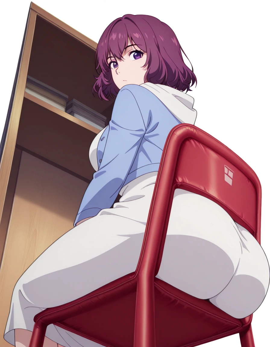 masterpiece, best quality, amazing quality,, <lora:tang-rou-s1-illustriousxl-lora-nochekaiser:1>, tang rou, short hair, purple eyes, purple hair, mature female, medium breasts, anime screencap, jacket, hood, hoodie, blue jacket, dress,, <lora:stuck-in-chair-illustriousxl-lora-nochekaiser:1>, stuck in chair, solo, looking at viewer, sitting, looking back, from behind, chair, from below, ass focus,, closet, clothes, shelves, hangers, storage, cowboy shot, solo, looking at viewer, <lora:transparent-background-illustriousxl-lora-nochekaiser:1>, transparent background, simple background, white background