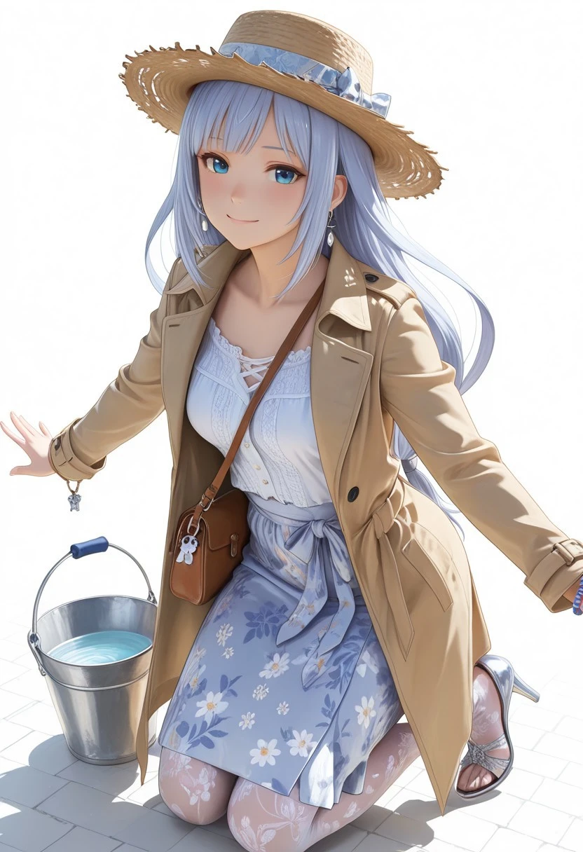 masterpiece, ultra-HD, game_cg,high detail, white background, (dramatic lighting),best quality, very aesthetic,8k,2.5D,absurdres, explicit,BREAK,
1 gril,Shiraishi Tsumugi,blue eyes,low-tied long hair,kneeling ,outstretched_arms ,kind smile ,from_above ,dynamic_angle ,from_side
BREAK,
white blouse, floral print wrap skirt, nude glossy pantyhose (15D), trench coat, pointed toe heels, silver drop earrings, bucket bag, straw boater hat, charm bracelet