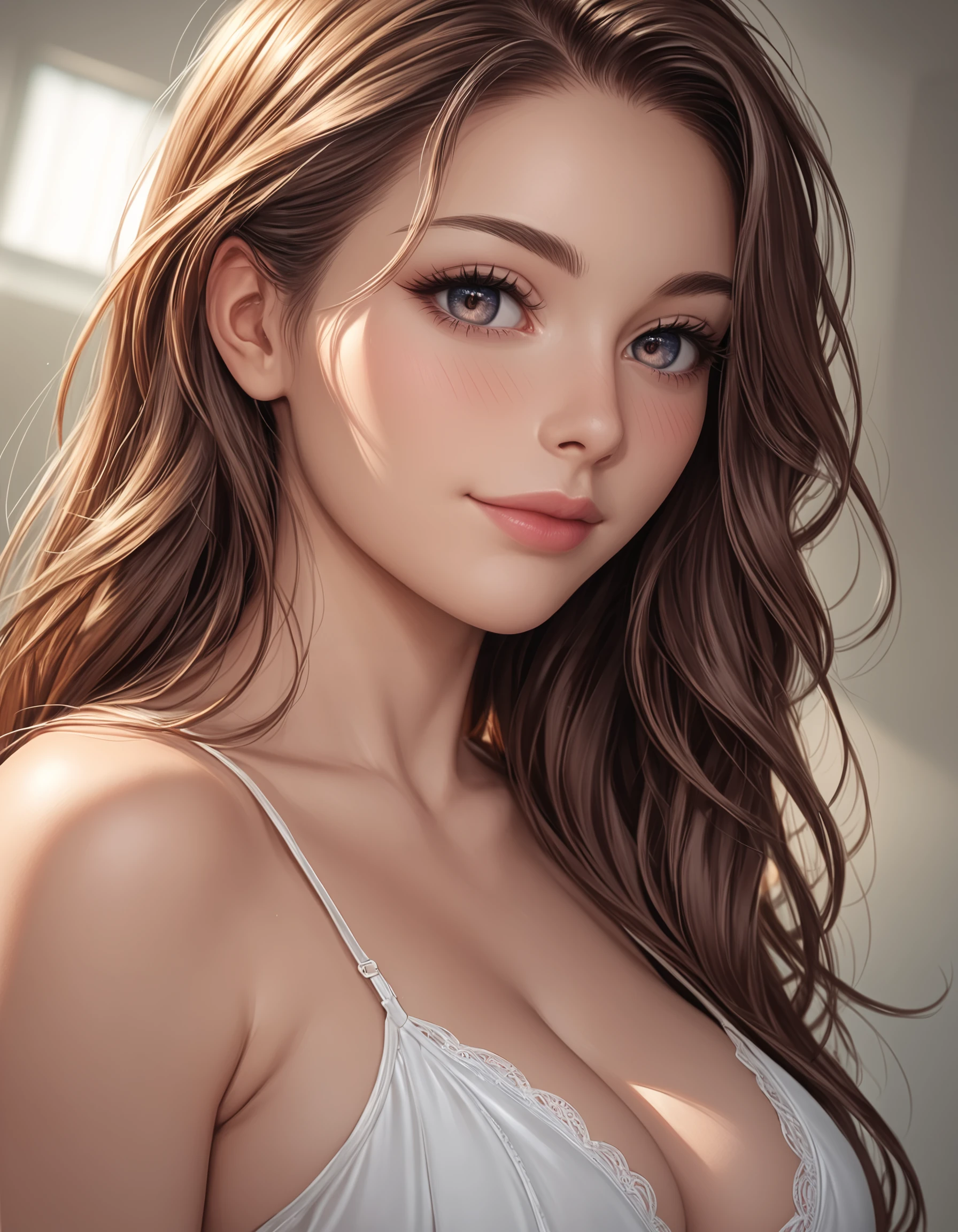 zPDXL3, safe_pos, score_9, score_8_up, source_realistic, rating_explicit, 8k, best quality, masterpiece, expressiveh, intricate details, ultra high res, sharp focus, digital art, cinematic, extremely detailed, cinematic light, photo studio lighting, Unreal Engine, dramatic angle, dynamic camera angle, 
unique perspective, unique angle, wide angle, dutch angle, foreshortening, blurred eyes, 
1girl, solo, brown hair, long hair, upper body shot, cleavage,  smile, japanese, 
innocent, extra blush under eyes, big eyes, beautiful detailed eyes, detailed beautiful delicate face, realistic humid skin, detailed skin  pose, sensual posture, graceful pose, curvy, scenery