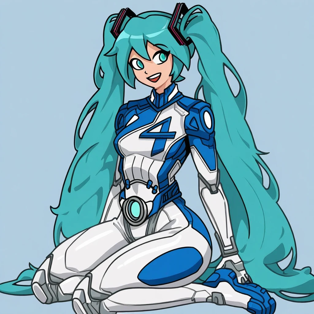 1 girl, hatsune miku, 1girl, solo, twintails, long hair, open mouth, smile, aqua hair, aqua eyes, Suestorin, complete bodysuit,4 symbol in chest right side, white tactical suit, suit with blue accents,long sleeves,white and blue tactical gloves, high-tech fabric texture, utility belt with silver buckle, kneecaps, white and blue armored boots,reinforced toe cap, slim,