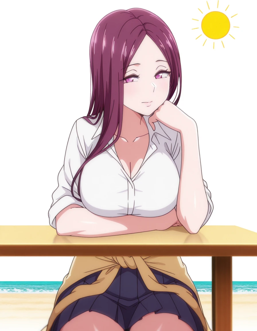 masterpiece, best quality, amazing quality,, <lora:yukina-sasaki-ova-illustriousxl-lora-nochekaiser:1>, yukina sasaki, long hair, purple eyes, purple hair, mature female, large breasts, anime screencap,  shirt, white shirt, collared shirt, short sleeves, collarbone, cleavage, skirt, pleated skirt, blue skirt, clothes around waist, sweater around waist,, sitting, elbow rest, table,, beach, sand, waves, sun, ocean, cowboy shot, solo, looking at viewer, <lora:transparent-background-illustriousxl-lora-nochekaiser:1>, transparent background, simple background, white background