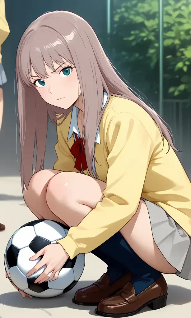 (1 girl, solo, solo focus:1.5), chikako ubukata, aqua eyes, gray hair, long hair, straight hair, bangs, small breasts, school uniform, white shirt, yellow collarless jacket, V-neck blazer, long sleeves, light gray pleated skirt, mini skirt, red bowtie, socks, loafers, crouching, rounding the back, crouch down, squat on one’s heels, knees to chest, knees up, holding soccer ball, (looking at viewer:1.5), face focus, from side, outdoors