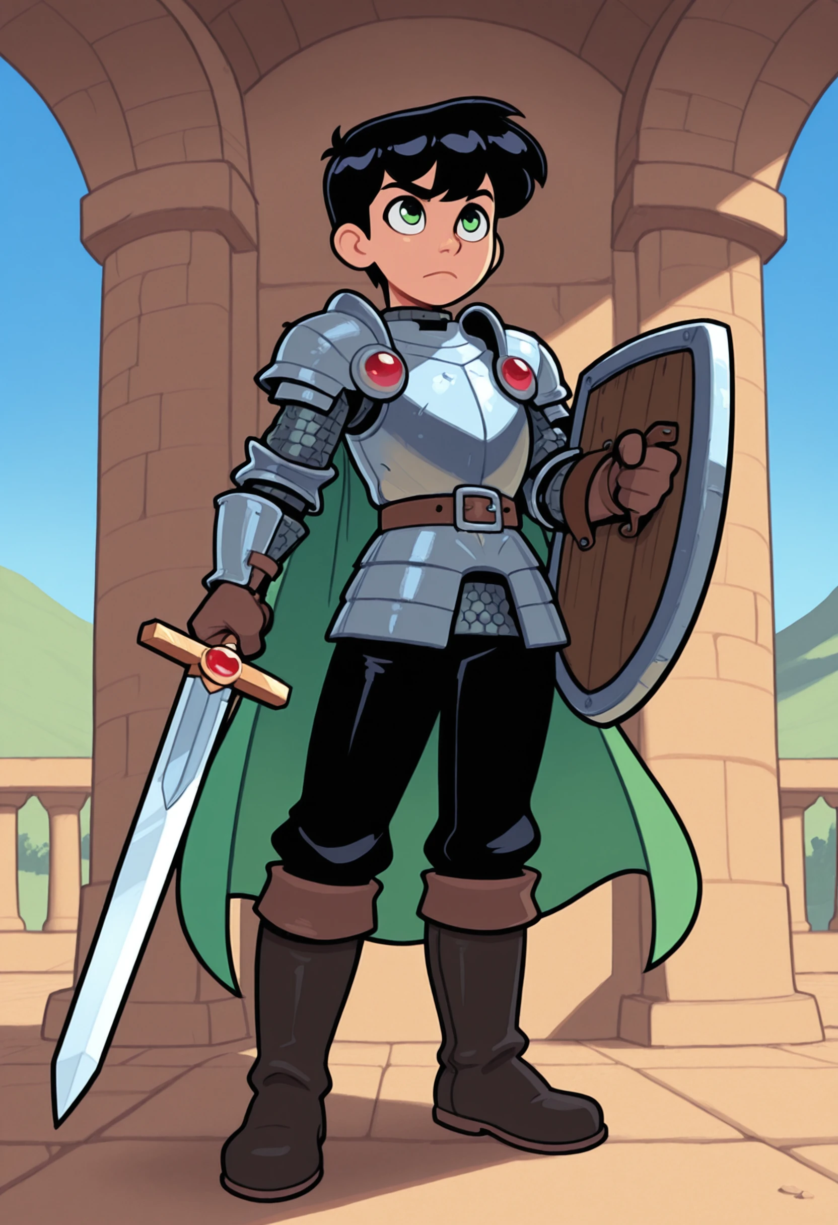 Masterpiece,best quality,absurdres,boy,solo,male focus,black hair,green eyes,short hair,bangs,green cape,gloves,shoulder armor,long sleeves,gem,knee boots,black pants,belt,footwear,armor,plate armor,holding shield,shield,holding sword,footwear,outdoors,day,blue sky,beautiful background,light rays,glow, mystical,dappled shadows,detailed background,beautiful background),