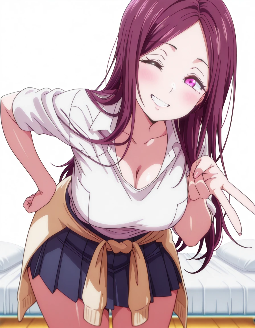 masterpiece, best quality, amazing quality,, <lora:yukina-sasaki-ova-illustriousxl-lora-nochekaiser:1>, yukina sasaki, long hair, purple eyes, purple hair, mature female, large breasts, anime screencap, shirt, white shirt, collared shirt, short sleeves, collarbone, cleavage, skirt, pleated skirt, blue skirt, clothes around waist, sweater around waist,, <lora:gyaru-v-illustriousxl-lora-nochekaiser:1>, gyaruv, solo, looking at viewer, blush, smile, teeth, one eye closed, grin, hand on own hip, v, leaning forward,, hospital, beds, doctors, patients, medical, cowboy shot, solo, looking at viewer, <lora:transparent-background-illustriousxl-lora-nochekaiser:1>, transparent background, simple background, white background
