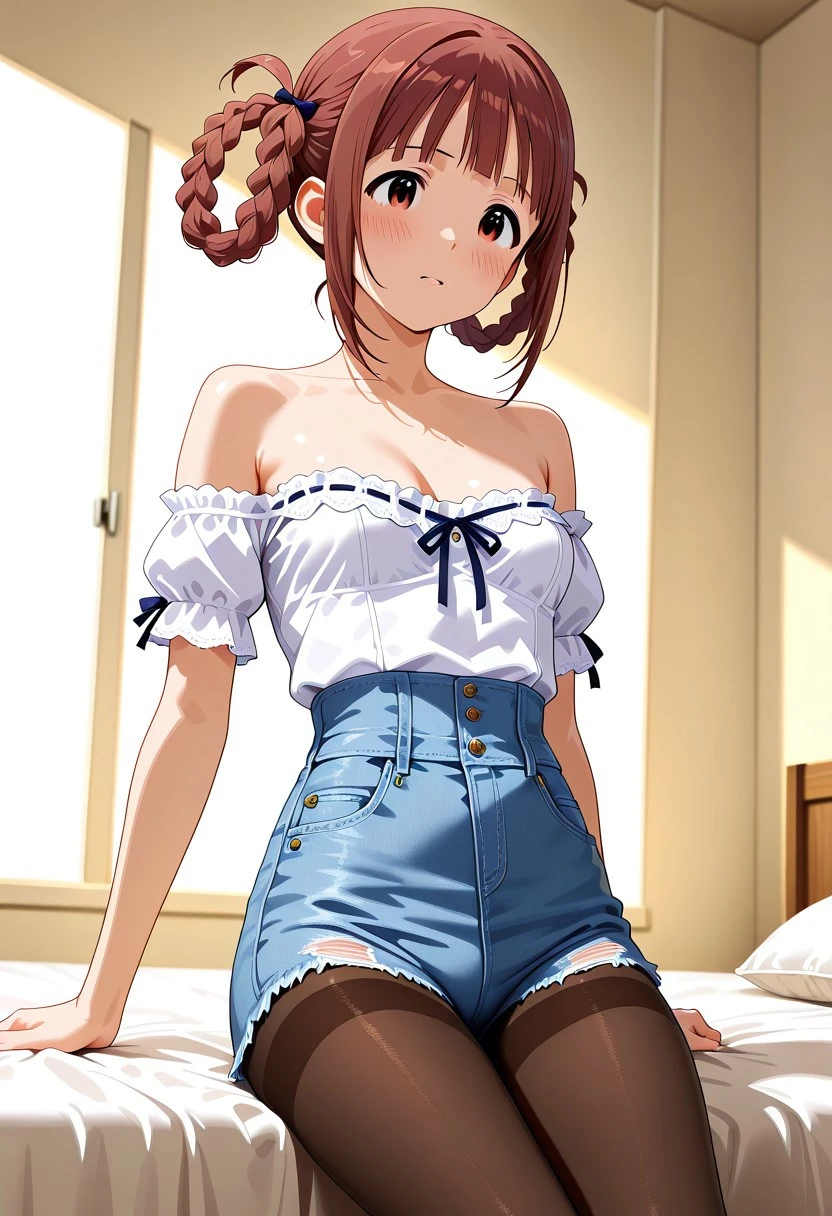 Smooth_Quality, very aesthetic, realistic,2.5D,absurdres, explicit
,BREAK,
1 gril,solo,Matsuda arisa, braid,
,BREAK,
white off-shoulder short-sleeve top, light blue high-waisted denim shorts, nude sheer pantyhose 5d