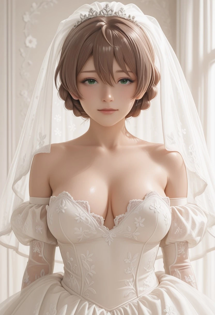 Smooth_Quality, very aesthetic, realistic,2.5D,absurdres, explicit
,BREAK,
1 gril,solo,Sakuramori Kaori,
white wedding dress with lace and floral patterns,
,BREAK,