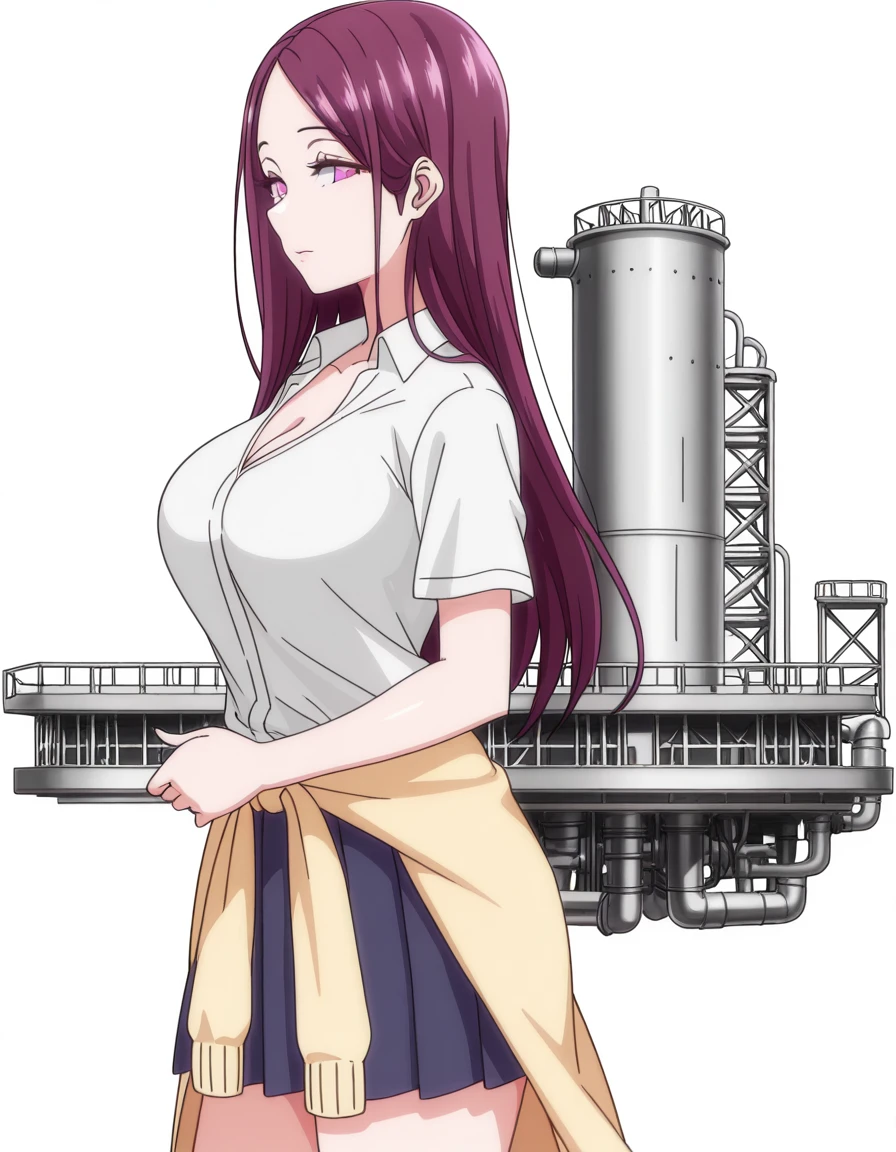 masterpiece, best quality, amazing quality,, <lora:yukina-sasaki-ova-illustriousxl-lora-nochekaiser:1>, yukina sasaki, long hair, purple eyes, purple hair, mature female, large breasts, anime screencap,  shirt, white shirt, collared shirt, short sleeves, collarbone, cleavage, skirt, pleated skirt, blue skirt, clothes around waist, sweater around waist,, from side, industrial, machinery, metal, large, factory, cowboy shot, solo, looking at viewer, <lora:transparent-background-illustriousxl-lora-nochekaiser:1>, transparent background, simple background, white background