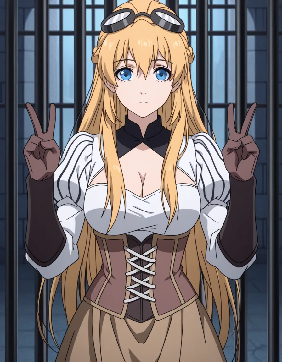 masterpiece, best quality, amazing quality,, <lora:su-mucheng-s1-illustriousxl-lora-nochekaiser:1>, su mucheng, long hair, blonde hair, blue eyes, hair between eyes, braids, hair braid, mature female, medium breasts, anime screencap, googles, googles on head, gloves, cleavage, shirt, juliet sleeves, corset, skirt, brown skirt, white shirt,, v,, prison, bars, cells, guards, confined, cowboy shot, solo, looking at viewer,