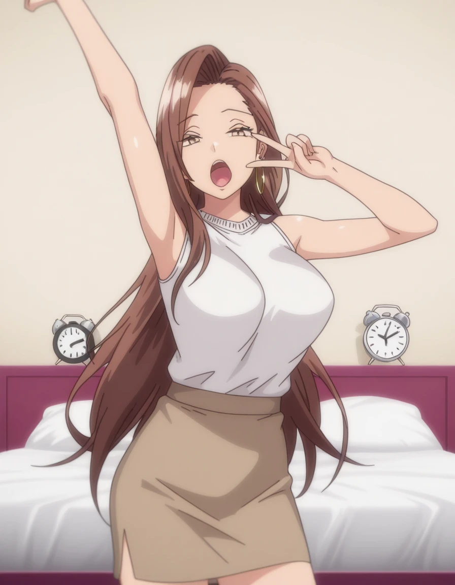 masterpiece, best quality, amazing quality,, <lora:risa-hamazaki-ova-illustriousxl-lora-nochekaiser:1>, risa hamazaki, long hair, brown eyes, brown hair, mature female, large breasts, anime screencap, skirt, shirt, jewelry, white shirt, earrings, sleeveless, brown skirt, hoop earrings,, v, v over eyes,, bedroom, alarm clock, morning routine, yawning, stretching, on bed, cowboy shot, solo, looking at viewer,
