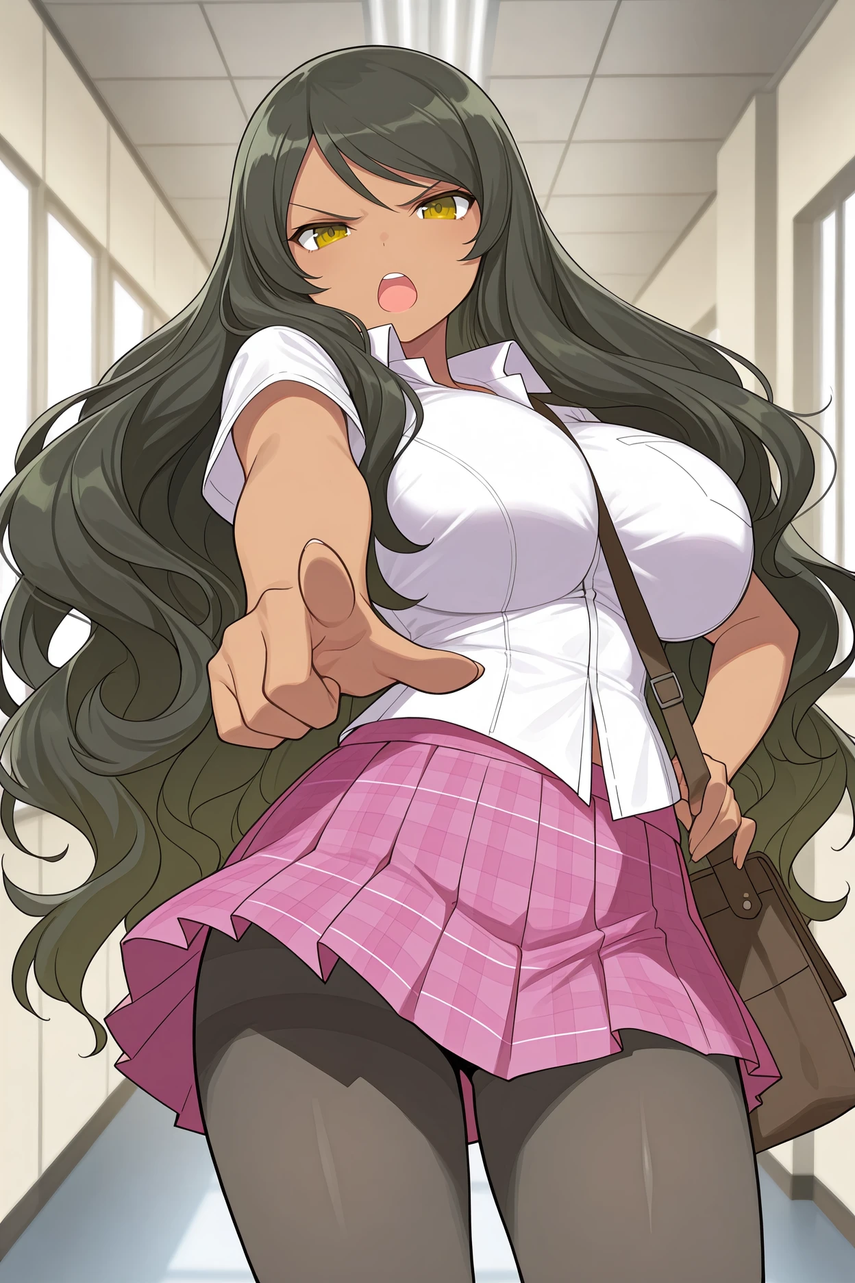 masterpiece, best quality, 1girl, solo, <lora:skageha-illu-nvwls-v1-000006:1> kgaha, dark-skinned female, black hair, very long hair, wavy hair, amber eyes, , white shirt, collared shirt, short sleeves, pink skirt, pleated skirt, plaid skirt, pantyhose, cowboy shot, looking at viewer, annoyed, open mouth, upper teeth only, pointing at viewer, hallway, messenger bag