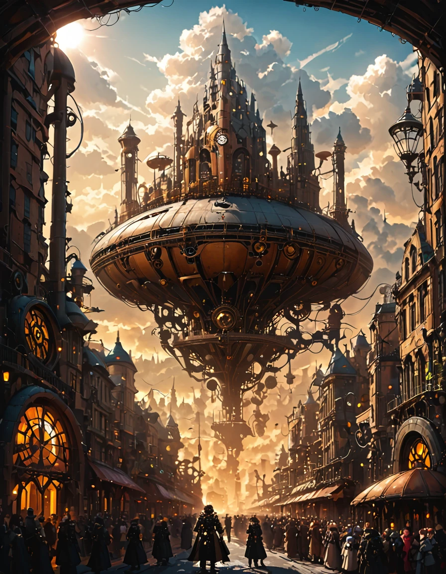 <lora:CWMinis_ST2xl:1> cwmst, absurdres, insanely detailed, steampunk, street, steampunk city, crowded, vegetation, E09, sun shades though clouds, sunlight, golden rays, atmospheric, dramatic lighting, ethereal, soft gradients, tranquil, majestic, natural light, cloudscape, warm glow, angel statue, huge steampunk drone, A15, Kolors, fluidicity, mod,