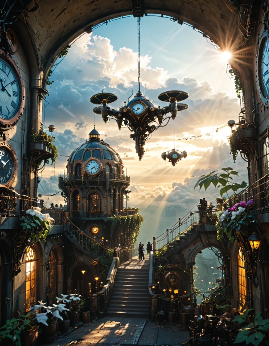 <lora:CWMinis_ST2xl:1> cwmst, absurdres, insanely detailed, steampunk, street, crowded, vegetation, E09, sun shades though clouds, sunlight, golden rays, atmospheric, dramatic lighting, ethereal, soft gradients, tranquil, majestic, natural light, cloudscape, warm glow, angel statue, glass dome huge steampunk drone, wires, stairs, climbing ivy, flowers, clock, bridge, indoors,