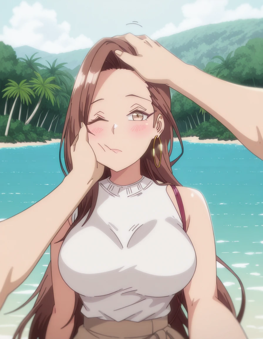 masterpiece, best quality, amazing quality,, <lora:risa-hamazaki-ova-illustriousxl-lora-nochekaiser:1>, risa hamazaki, long hair, brown eyes, brown hair, mature female, large breasts, anime screencap, skirt, shirt, jewelry, white shirt, earrings, sleeveless, brown skirt, hoop earrings,, <lora:pov-cheek-and-head-pat-illustriousxl-lora-nochekaiser:1>, pov cheek and head pat, pov cheek and head pat (meme), looking at viewer, blush, upper body, one eye closed, solo focus, pov, hand on another's head, pov hands, headpat, hand on another's face, hand on another's cheek, petting,, island, water, tropical, trees, isolation, cowboy shot, solo, looking at viewer,