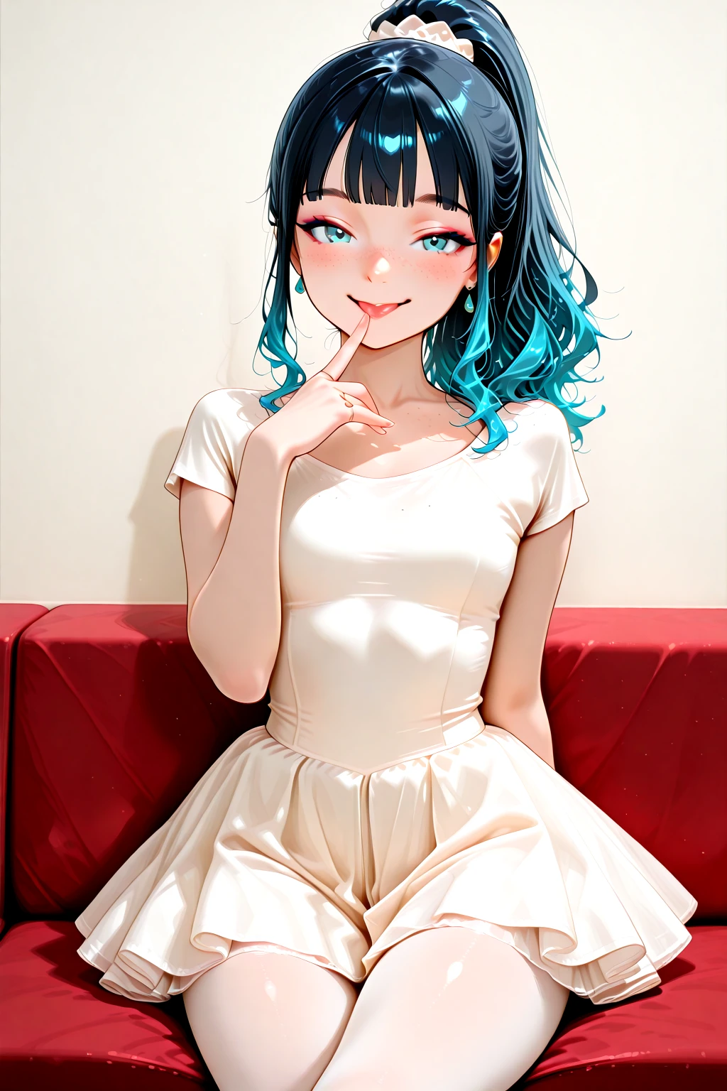 masterpiece, best quality, amazing quality, 1girl, solo, makeup, general, cowboy shot, looking at viewer, blush, dramatic angle, smile, confident, indoors, white background, simple background, sitting on sofa, crossing legs, red sofa, (posing), finger to mouth, tongue out, <lora:Kimberly_-_by_IkariRH:0.8>, Kimb3r1yRH, dark hair, cyan gradient hair, high ponytail, long hair, blunt bangs, freckles, blue eyes, small mouth, thin nose, small breasts, slim, <lora:Ballerina_Outfit:1.1>, Ballerina_Outfit, white dress, white pantyhose, white leotard, ballerina, ballet, white tutu, short sleeves, ballet slippers, jewelry, earrings, skirt, white footwear, footwear ribbon, ring, collarbone, <lora:wai-A3-V140:1>, <lora:illustrious_noobai_epsilon_pred_1_masterpieces_v1:1>