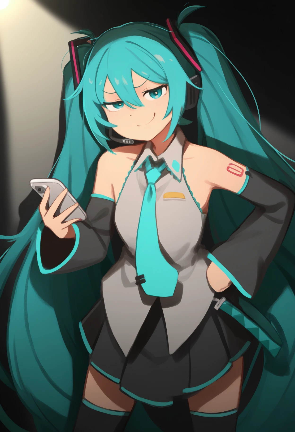 newest, solo, 1girl, smug, looking at viewer, standing, hand on own hip, holding phone, spotlight, (hatsune miku, vocaloid:0.7), long hair, aqua hair, hair between eyes, twintails, hair ornament, headset, aqua eyes, grey shirt, collared shirt, sleeveless shirt, untucked shirt, aqua necktie, black sleeves, detached sleeves, black skirt, pleated skirt, black thighhighs <segment:yolo-Anzhc Face seg 640 v3 y11n.pt,0.5,0.5//cid=11>
