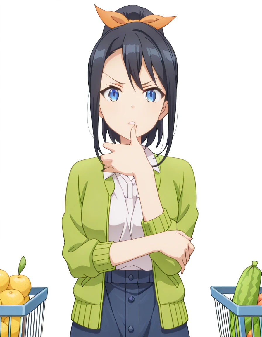 masterpiece, best quality, amazing quality,, <lora:maika-takatori-s1-illustriousxl-lora-nochekaiser:1>, maika takatori, blue eyes, black hair, ribbon, hair ribbon, ponytail, medium hair, mature female, small breasts, anime screencap, shirt, skirt, jacket, white shirt, open clothes, collared shirt, blue skirt, denim, green jacket, <lora:gotoubunnohanayome-vol7-illustriousxl-lora-nochekaiser:1>, gotoubunnohanayome vol7, solo, looking at viewer, upper body, parted lips, hand up, grabbing own arm, thumb on own lips, annoyed,, grocery store, shopping cart, picking fruits, everyday life, cowboy shot, solo, looking at viewer, <lora:transparent-background-illustriousxl-lora-nochekaiser:1>, transparent background, simple background, white background