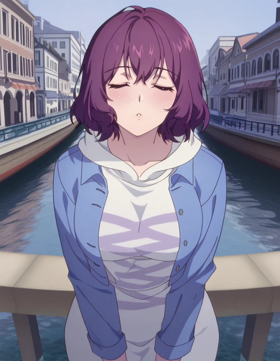 masterpiece, best quality, amazing quality,, <lora:tang-rou-s1-illustriousxl-lora-nochekaiser:1>, tang rou, short hair, purple eyes, purple hair, mature female, medium breasts, anime screencap, jacket, hood, hoodie, blue jacket, dress,, <lora:incoming-kiss-illustriousxl-lora-nochekaiser:1>, incoming kiss, closed eyes, blush, pov, upper body, canal, water, boats, city, narrow, cowboy shot, solo, looking at viewer,