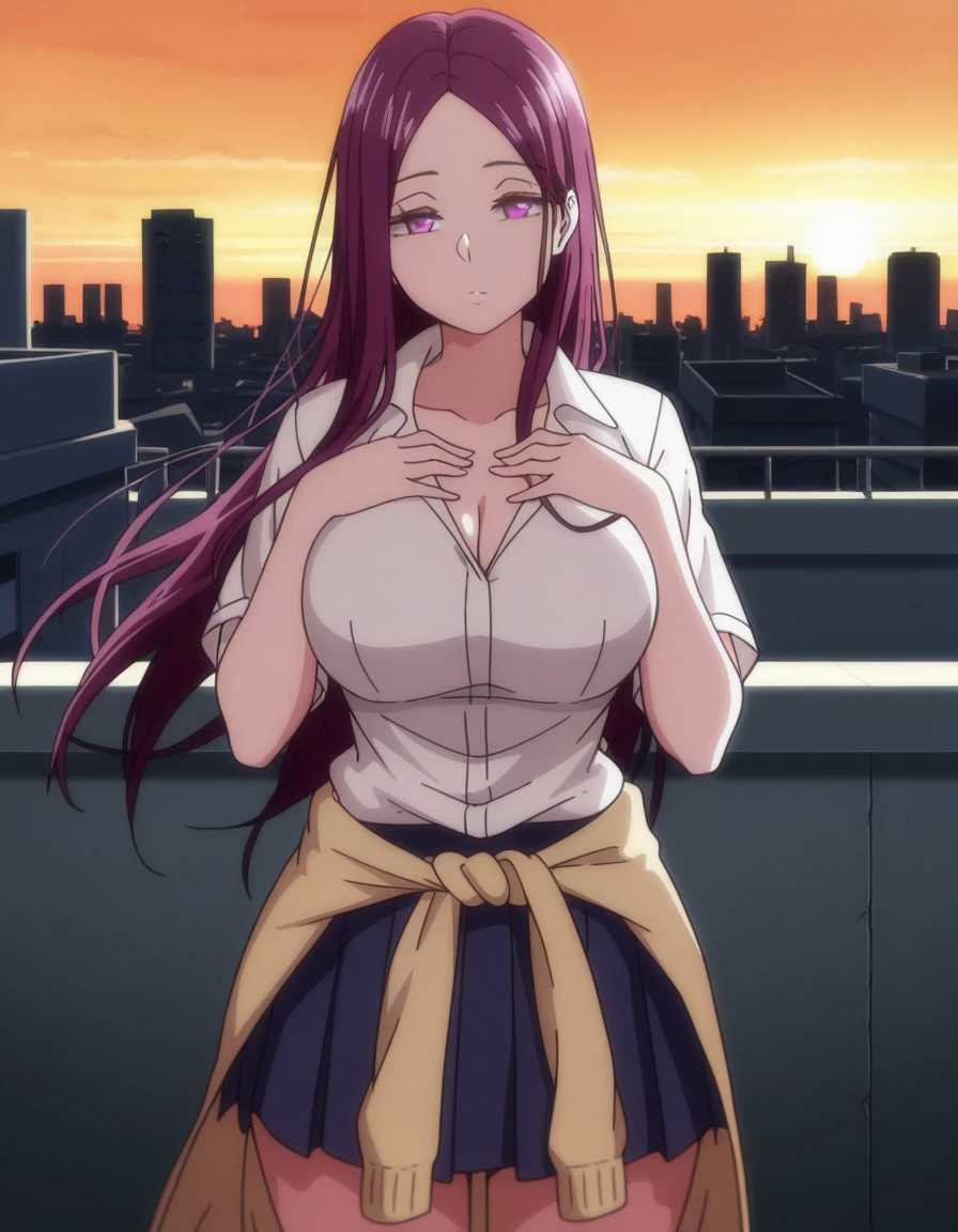 masterpiece, best quality, amazing quality,, <lora:yukina-sasaki-ova-illustriousxl-lora-nochekaiser:1>, yukina sasaki, long hair, purple eyes, purple hair, mature female, large breasts, anime screencap,  shirt, white shirt, collared shirt, short sleeves, collarbone, cleavage, skirt, pleated skirt, blue skirt, clothes around waist, sweater around waist,, hands on own chest,, rooftop, sunset, cityscape, quiet moment, wind blowing, contemplative, cowboy shot, solo, looking at viewer,