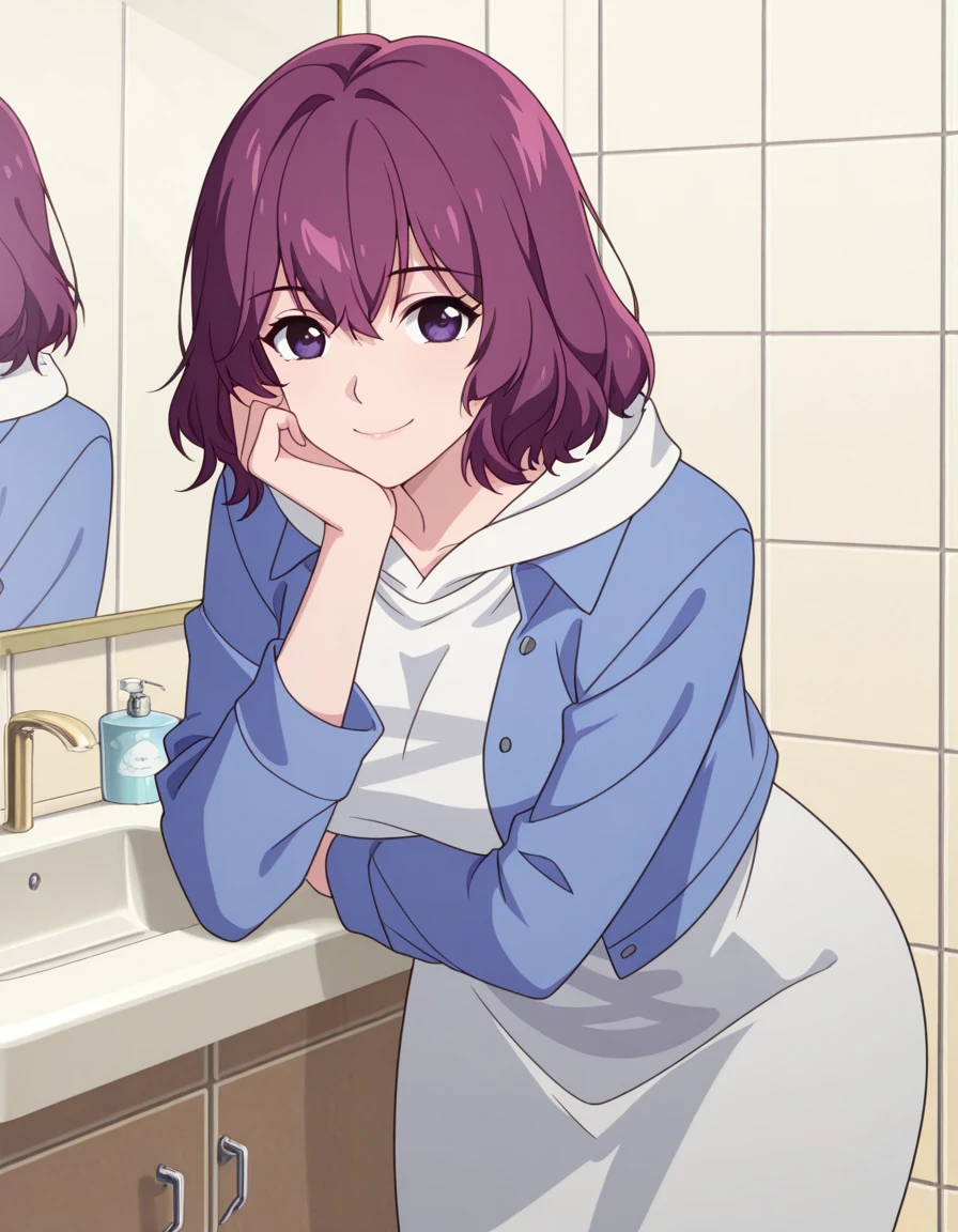 masterpiece, best quality, amazing quality,, <lora:tang-rou-s1-illustriousxl-lora-nochekaiser:1>, tang rou, short hair, purple eyes, purple hair, mature female, medium breasts, anime screencap, jacket, hood, hoodie, blue jacket, dress,, head rest, smile,, bathroom, tiles, mirror, sink, toiletries, cowboy shot, solo, looking at viewer, <lora:transparent-background-illustriousxl-lora-nochekaiser:1>, transparent background, simple background, white background