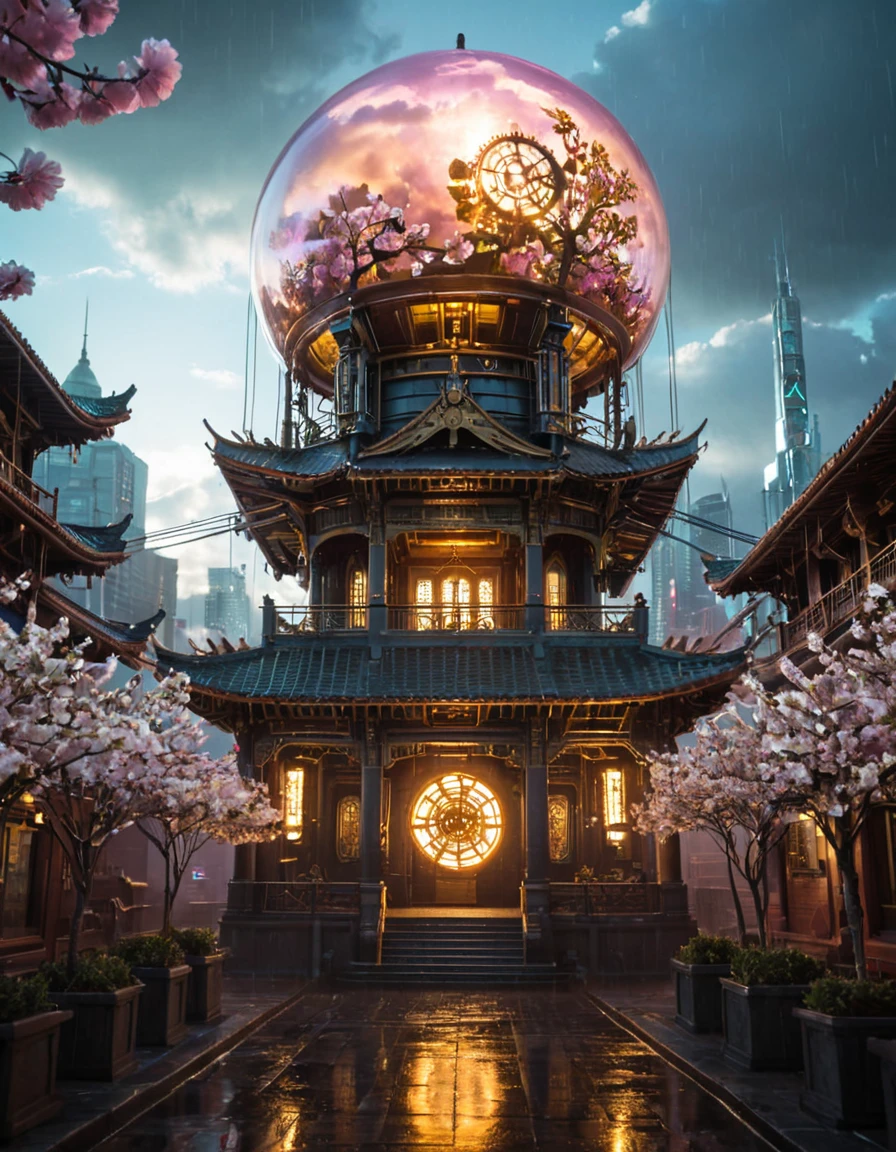 <lora:CWMinis_ST2xl:1> cwmst, absurdres, insanely detailed, steampunk, vegetation, A15, Kolors, fluidicity, mod,, E09, sun shades though clouds, sunlight, lightnings, atmospheric, dramatic lighting, ethereal, soft gradients, tranquil, majestic, natural light, cloudscape, warm glow, angel statue, insanely detailed, cyberpunk asian temple, neons, cherry blossom, steampunk cityscape, entrance neon, illuminated, glowing entrance, wet, flowers, wires, steampunk lanterns, glass dome, in the clouds, above clouds, floating city, in the clouds,