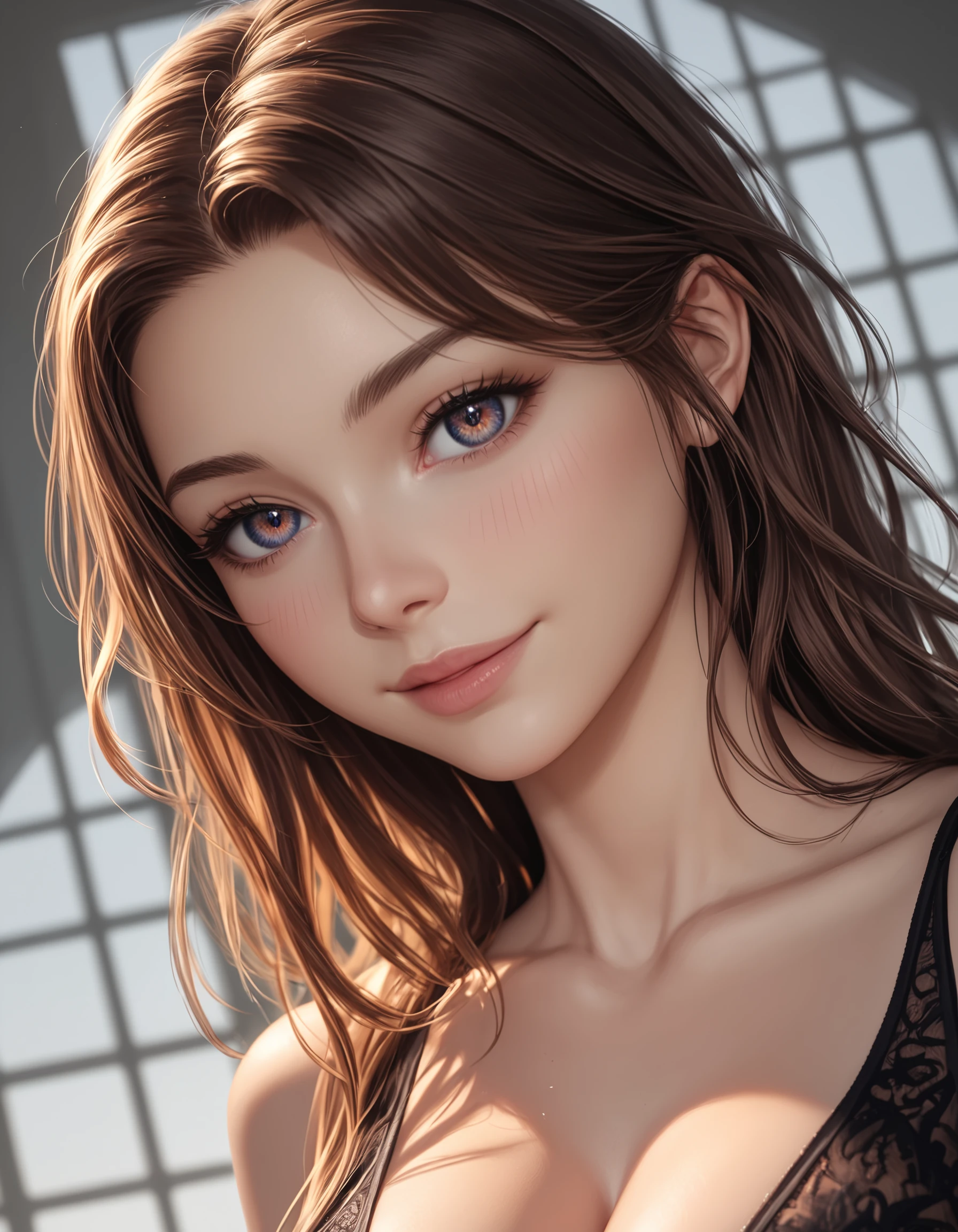 zPDXL3, safe_pos, score_9, score_8_up, source_realistic, rating_explicit, 8k, best quality, masterpiece, expressiveh, intricate details, ultra high res, sharp focus, digital art, cinematic, extremely detailed, cinematic light, photo studio lighting, Unreal Engine, dramatic angle, dynamic camera angle, 
unique perspective, unique angle, wide angle, dutch angle, foreshortening, blurred eyes, 
1girl, solo, brown hair, long hair, upper body shot, cleavage,  smile, japanese, 
innocent, extra blush under eyes, big eyes, beautiful detailed eyes, detailed beautiful delicate face, realistic humid skin, detailed skin  pose, sensual posture, graceful pose, curvy, scenery