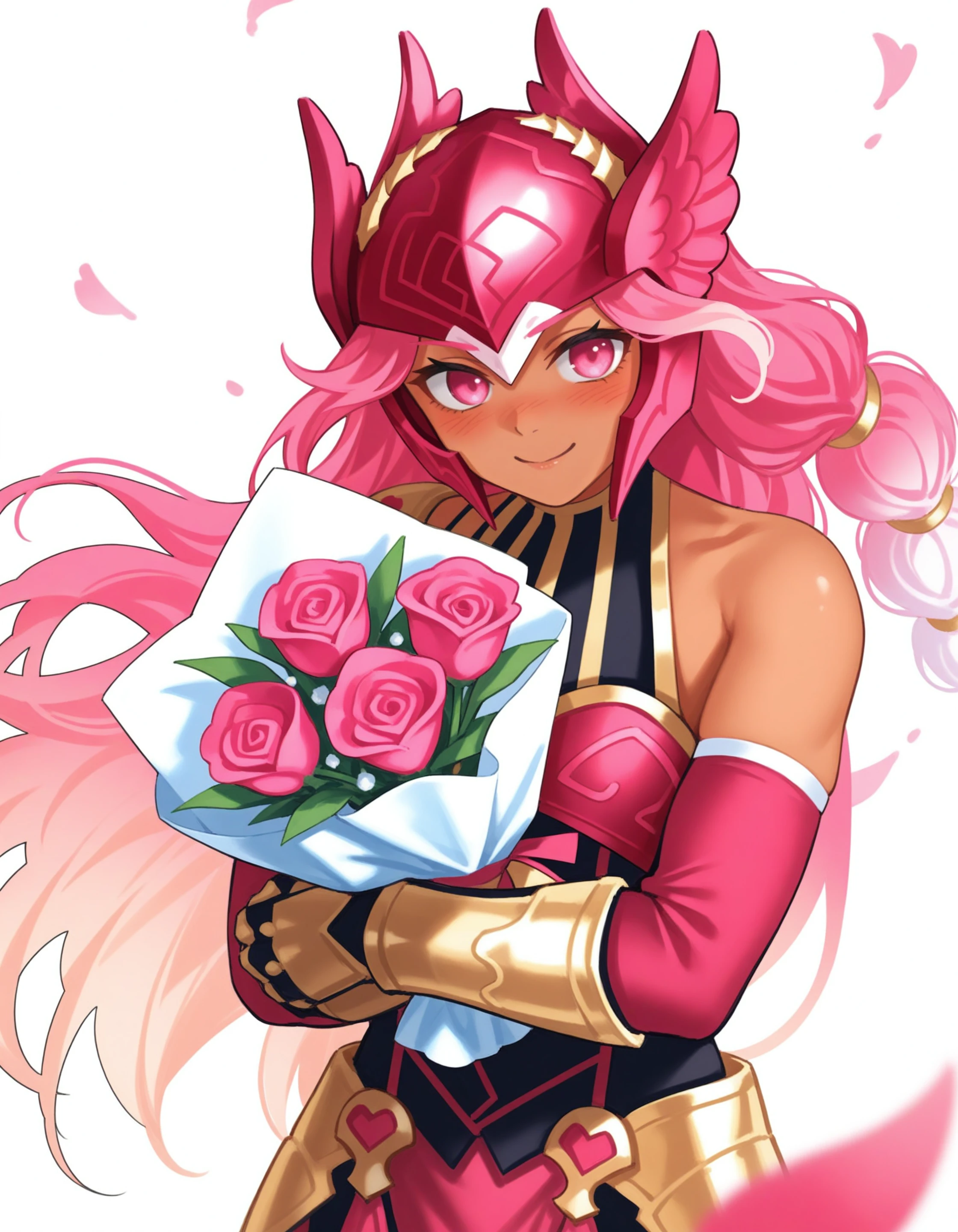konya karasue, quasarcake, tsunako, ebifurya, [[[wlop]]], happy, smile, holding, bouquet, blurry foreground, pink flower, rose, tulip, looking at viewer, blush, upper body, white background, light particles, falling petals <break> hbcrkaegis, elbow gloves, gauntlets, single bare shoulder, 1girl, pink hair, pink gradient hair, loincloth, dark skin, pink eyes, long hair, multi-tied hair, half up, armor, pink helmet, leggings <break> <break> very awa, very aesthetic, masterpiece, best quality,