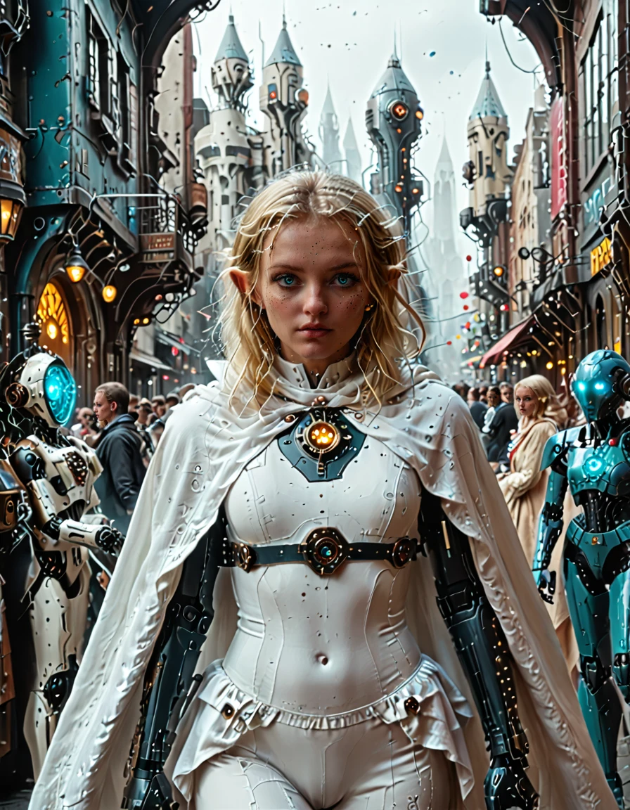 <lora:CWMinis_ST2xl:1> cwmst, insanely detailed, steampunk, city street, blond woman, wearing a detailed white fabric outfit, cyber, white cape, steampunk elements on walls, robots, crowd,