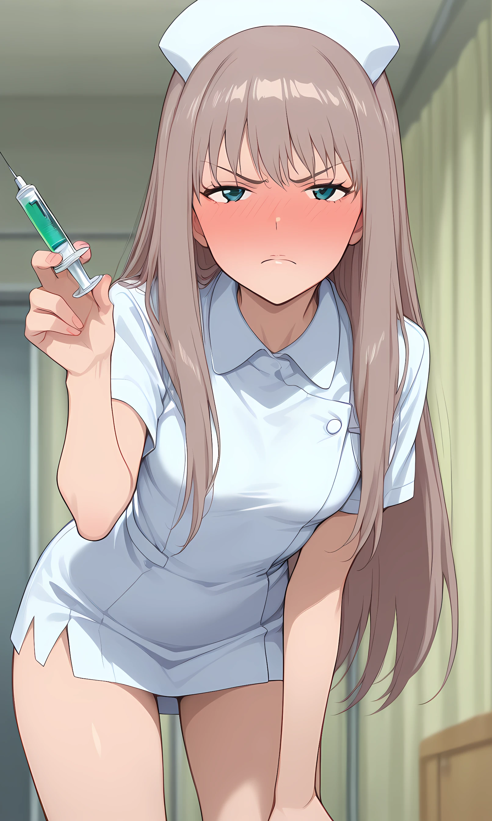 (1 girl, solo, solo focus:1.5), chikako ubukata, aqua eyes, gray hair, long hair, straight hair, bangs, small breasts, nurse uniform, nurse cap, very mini skirt, holding syringe, leaning forward, angry, disdain, disgust, (embarrassed, full-face blush:1.5), (looking at viewer:1.5), face focus, cowboy shot, nurse's office