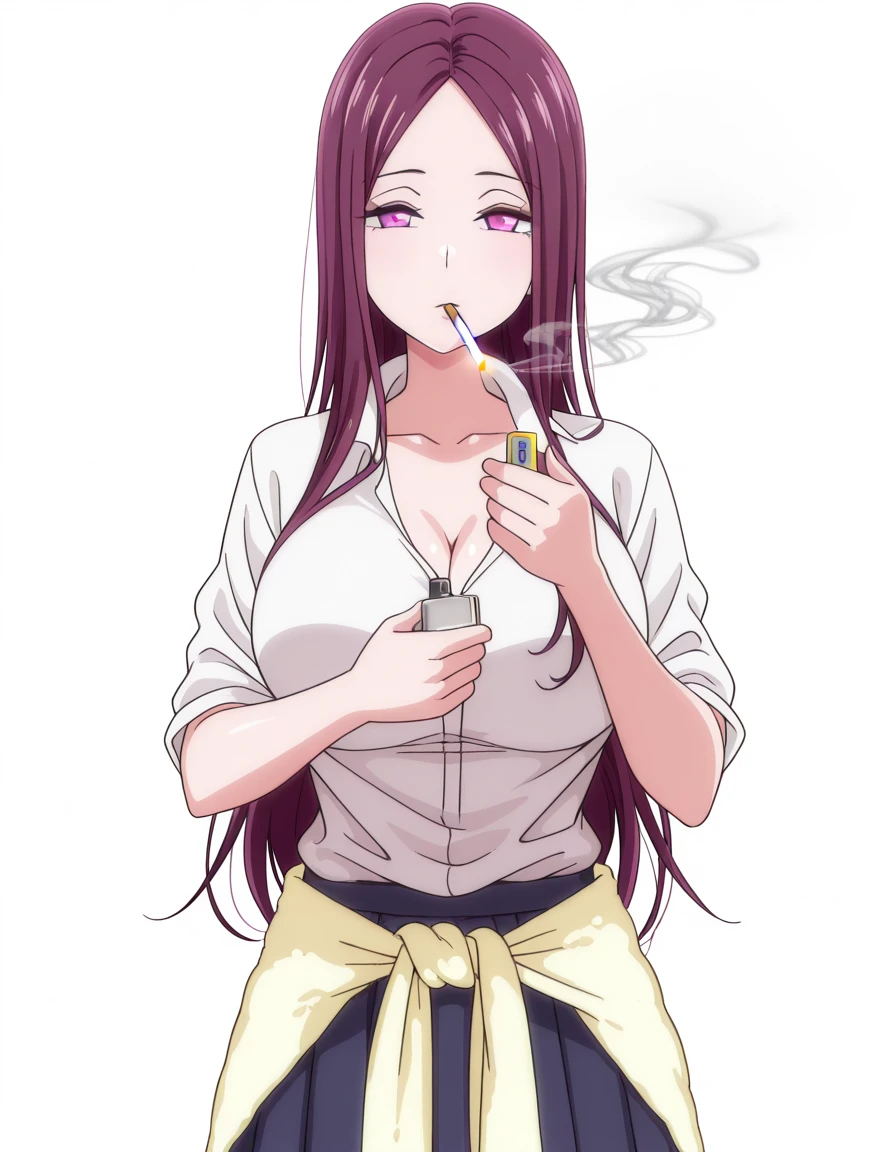 masterpiece, best quality, amazing quality,, <lora:yukina-sasaki-ova-illustriousxl-lora-nochekaiser:1>, yukina sasaki, long hair, purple eyes, purple hair, mature female, large breasts, anime screencap, shirt, white shirt, collared shirt, short sleeves, collarbone, cleavage, skirt, pleated skirt, blue skirt, clothes around waist, sweater around waist,, <lora:lighting-cigarette-illustriousxl-lora-nochekaiser:1>, lighting cigarette, lighter, holding lighter, cigarette, smoking, fire, smoke, holding, upper body, straight-on,, bathtub, water, bubbles, steam, towel, cowboy shot, solo, looking at viewer, <lora:transparent-background-illustriousxl-lora-nochekaiser:1>, transparent background, simple background, white background