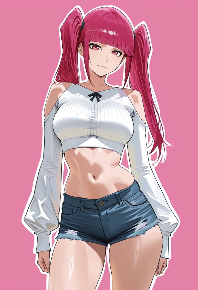 masterpiece, best quality,
1girl, solo,
standing,
looking at viewer, light smile,
simple background, pink background, white outline,
<lora:Hintobento:0.7> h1nt0b3nt0sknsfw,
<lora:Riruka_Dokugamine:1> D0k0g4m1n3sknsfw, twintails, long hair, pink hair, pink eyes, blunt bangs, 
denim shorts, white crop top, navel, shoulder cutout, long sleeves, puffy sleeves, , skin tight,