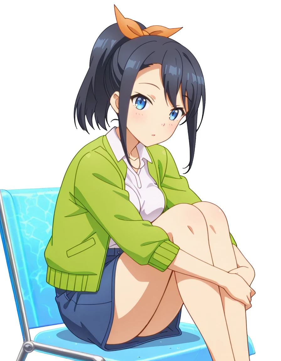 masterpiece, best quality, amazing quality,, <lora:maika-takatori-s1-illustriousxl-lora-nochekaiser:1>, maika takatori, blue eyes, black hair, ribbon, hair ribbon, ponytail, medium hair, mature female, small breasts, anime screencap, shirt, skirt, jacket, white shirt, open clothes, collared shirt, blue skirt, denim, green jacket, <lora:knees-to-chest-illustriousxl-lora-nochekaiser:1>, knees to chest, ass peak, breast press, sitting, knees up, hugging own legs, blush, on chair, parted lips, looking at viewer,, pool, water, swim, float, poolside, cowboy shot, solo, looking at viewer, <lora:transparent-background-illustriousxl-lora-nochekaiser:1>, transparent background, simple background, white background