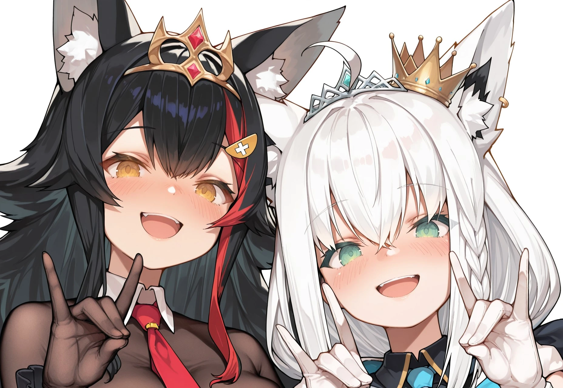masterpiece, best quality, amazing quality, Atugistyle, multiple girls, virtual youtuber, 2girls, shirakami fubuki, ookami mio, animal ears, crown, fox ears, gloves, black hair, white hair, multicolored hair, animal ear fluff, fox shadow puppet, open mouth, red hair, fox girl, streaked hair, sidelocks, looking at viewer, black gloves, blush, wolf ears, yellow eyes, white gloves, long hair, official alternate costume, ahoge, necktie, wolf girl, smile, hair between eyes, mini crown, green eyes, black shirt, braid, simple background, shirt, tiara, white background