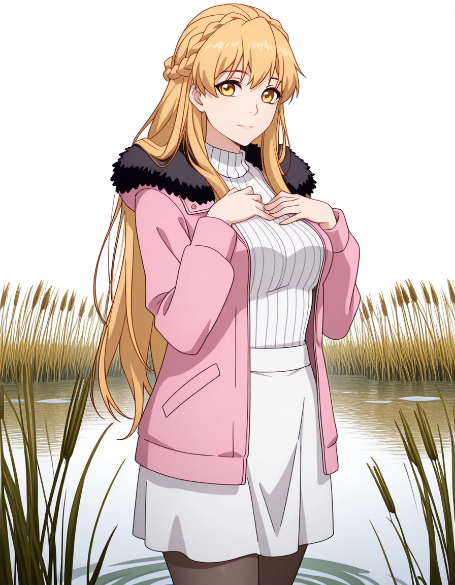 masterpiece, best quality, amazing quality,, <lora:su-mucheng-s1-illustriousxl-lora-nochekaiser:1>, su mucheng, long hair, blonde hair, yellow eyes, braids, hair braid, mature female, medium breasts, anime screencap, sweater, jacket, fur trim, fur-trimmed jacket, pink jacket, pantyhose, skirt, white sweater, white skirt,, hands on own chest,, wetland, water, reeds, swamp, wildlife, cowboy shot, solo, looking at viewer, <lora:transparent-background-illustriousxl-lora-nochekaiser:1>, transparent background, simple background, white background