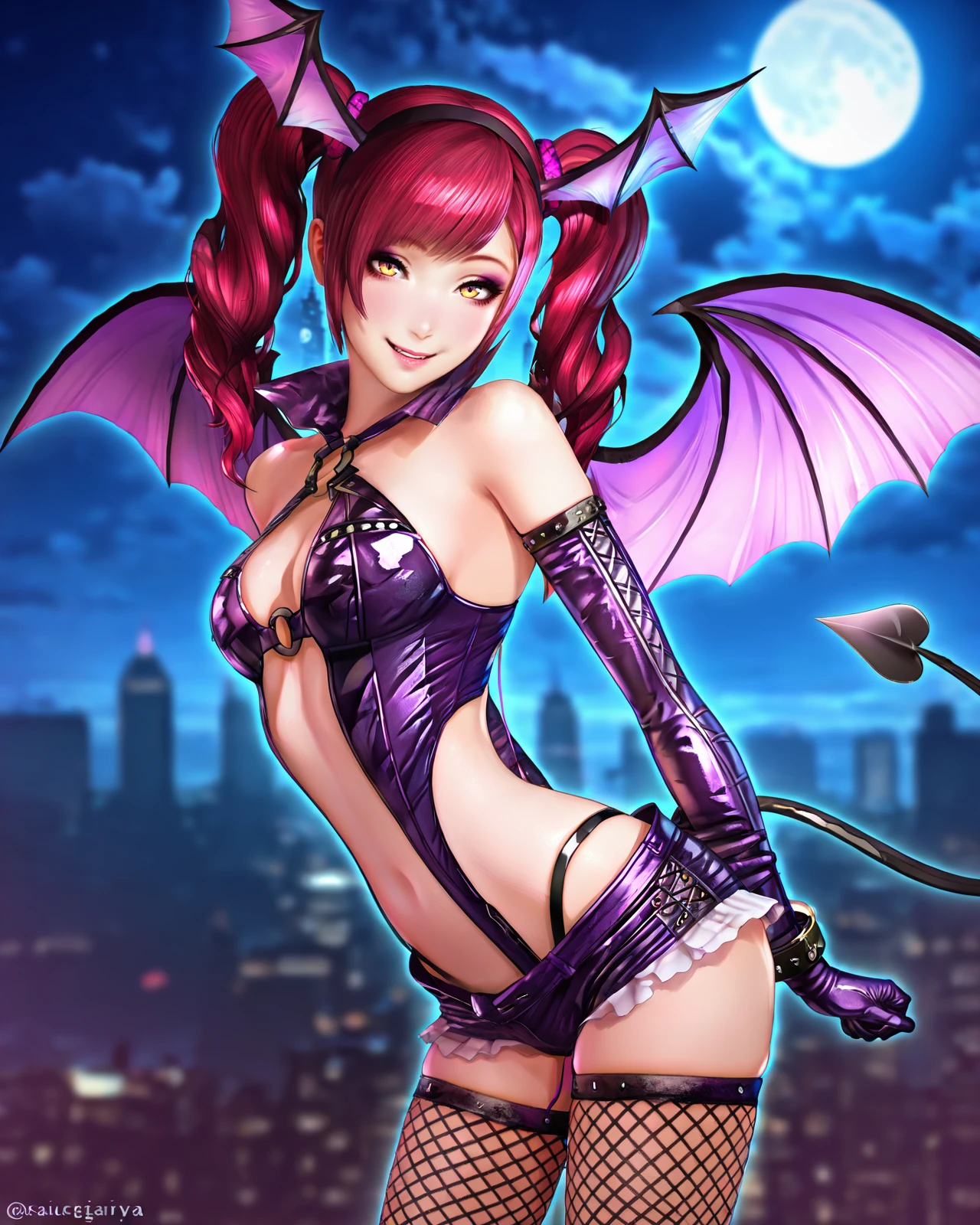 masterpiece, best quality, amazing quality, city, blurry background, hands behind back, floating, sky, night, moon, looking at viewer, cowboy shot, seducing smile,
<lora:GraciaSW:1>Gracia, 1girl, solo, wings, boots, tail, thighhighs, fishnets, gloves, twintails, shorts, elbow gloves, head wings, demon girl, bat wings, , demon tail, fishnet thighhighs, red hair, short shorts, succubus