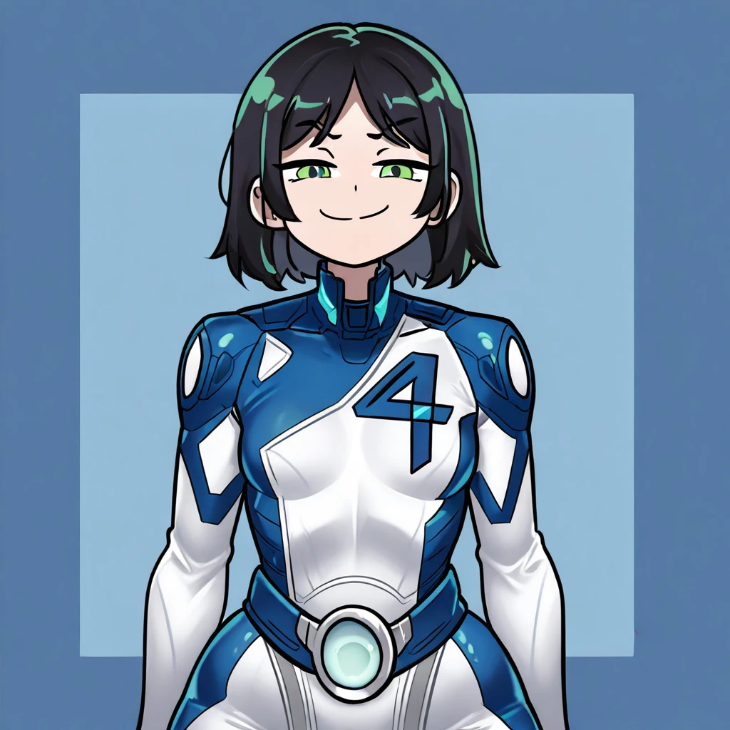 1 girl, black hair, green eyes, smug smile, petite, Suestorin, complete bodysuit,4 symbol in chest right side, white tactical suit, suit with blue accents,long sleeves,white and blue tactical gloves, high-tech fabric texture, utility belt with silver buckle, small breast, wide hips, upper body,