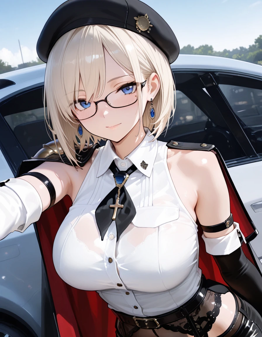 masterpiece,best quality,amazing quality,very aesthetic,high resolution,ultra detailed,perfect details,
<lora:mai_audie5:1.2>,mai_audie5,motor_vehicle,car,vehicle_focus,
mature female,short hair,platinum blonde hair,mole under eye,blue eyes,beautiful detailed eyes,larg breasts,oval face,glasses,<lora:748cmSDXL:0.5>,748cmstyle,<lora:AIã¤ã©ã¹ããããã:0.2>,
bare_shoulders,detached_sleeves,belt,black pantyhose,black garter belt,high heels,(black beret),earrings,cross necklace,pendant,neckerchief,elbow gloves,armband,black armlet,shorts,cape,red color inner cape,(upper body,shoulder armor,left arm),longeyelashes,white collared shirt,