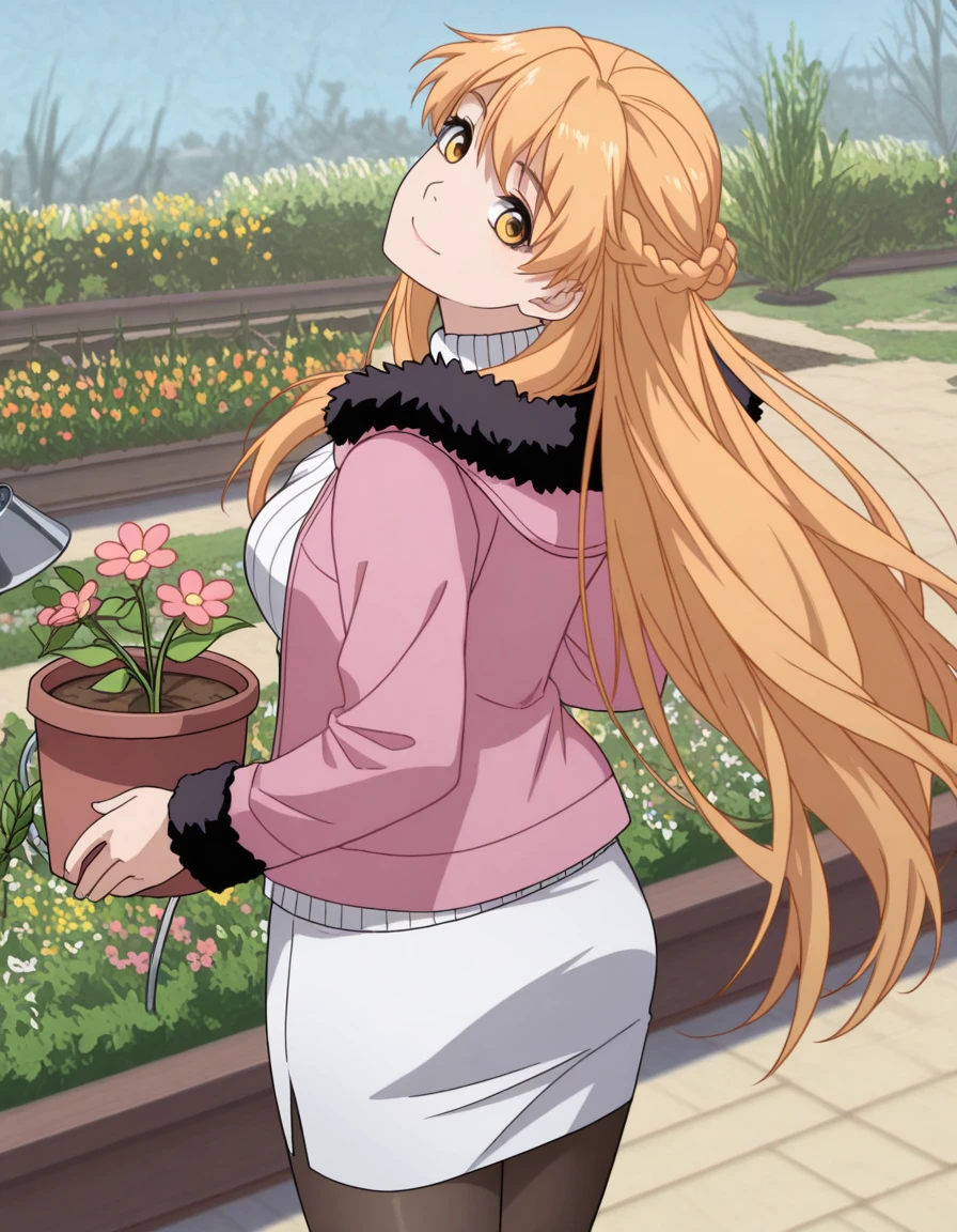 masterpiece, best quality, amazing quality,, <lora:su-mucheng-s1-illustriousxl-lora-nochekaiser:1>, su mucheng, long hair, blonde hair, yellow eyes, braids, hair braid, mature female, medium breasts, anime screencap, sweater, jacket, fur trim, fur-trimmed jacket, pink jacket, pantyhose, skirt, white sweater, white skirt,, <lora:shaft-look-illustriousxl-lora-nochekaiser:1>, shaft look, looking back, from behind, head tilt, cowboy shot, smile,, gardening, watering plants, backyard, flowers blooming, sunny day, cowboy shot, solo, looking at viewer,