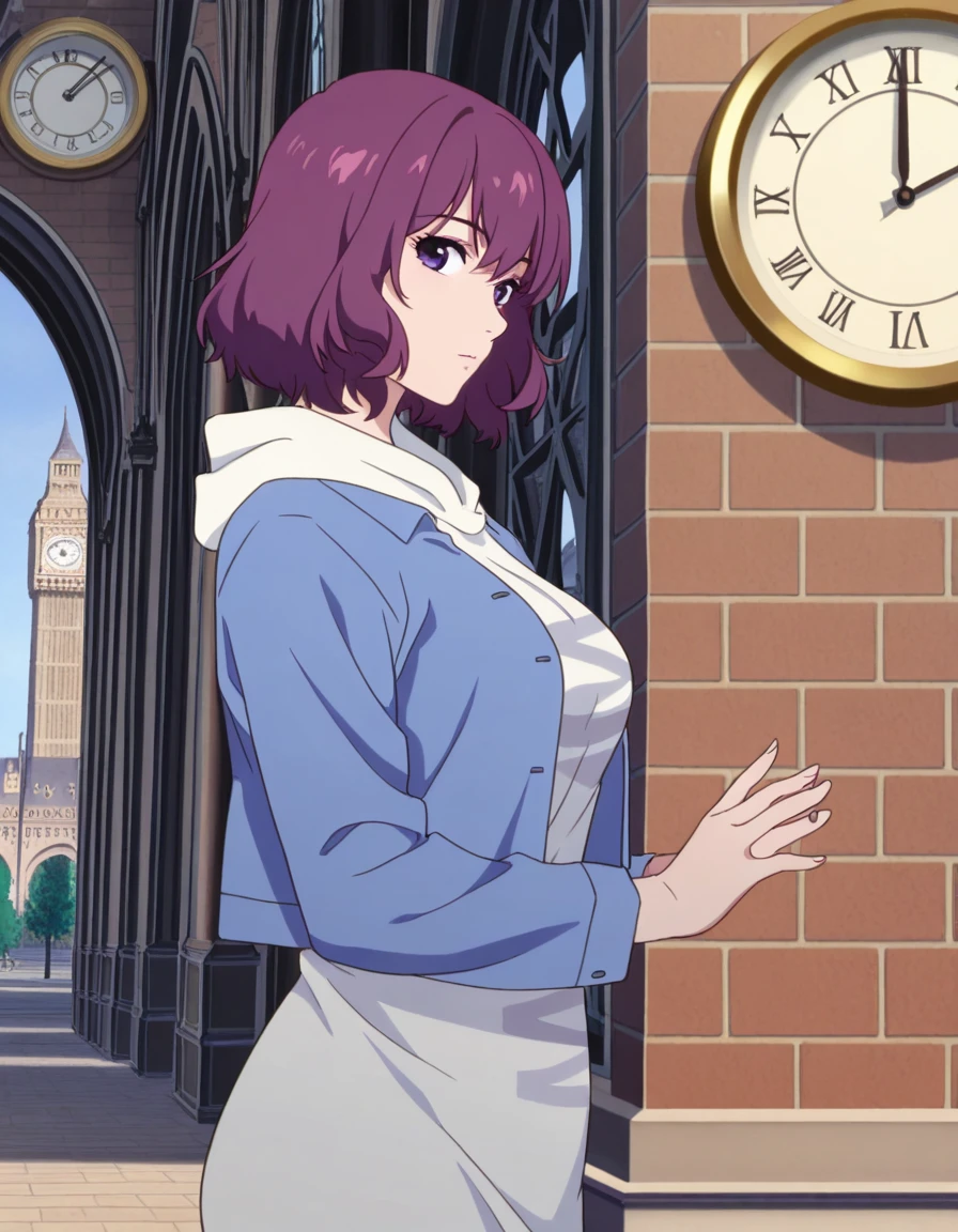 masterpiece, best quality, amazing quality,, <lora:tang-rou-s1-illustriousxl-lora-nochekaiser:1>, tang rou, short hair, purple eyes, purple hair, mature female, medium breasts, anime screencap, jacket, hood, hoodie, blue jacket, dress,, from side, clock tower, clock, height, landmark, hands, cowboy shot, solo, looking at viewer,