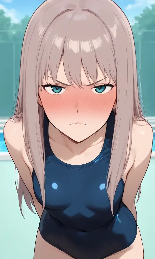 (1 girl, solo, solo focus:1.5), chikako ubukata, aqua eyes, gray hair, long hair, straight hair, bangs, small breasts, new school swimsuit, angry, disdain, disgust, (embarrassed, full-face blush:1.5), (looking at viewer:1.5), face focus, cowboy shot, outdoors, pool