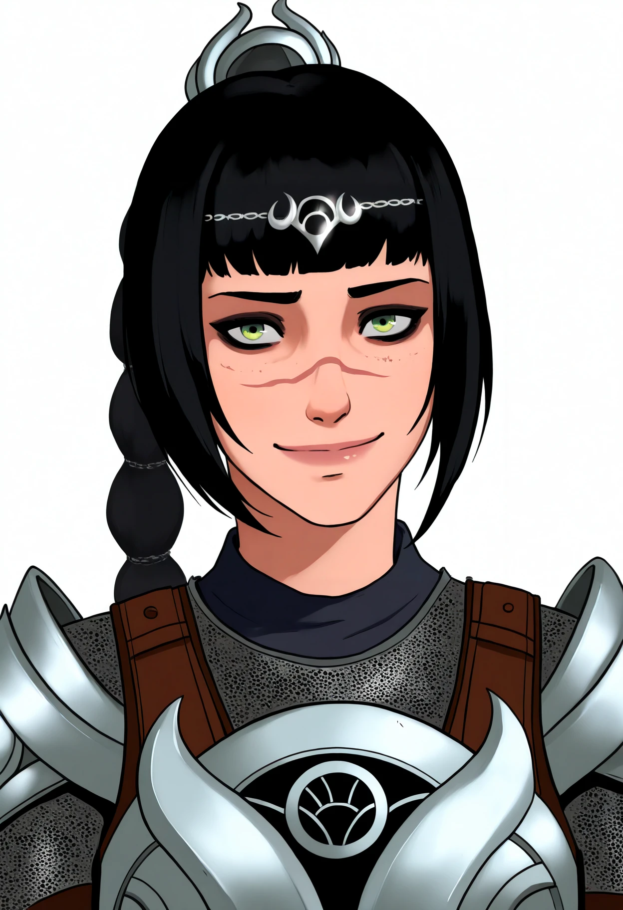 best quality, amazing quality, very aesthetic, absurdres,
1girl, solo, shadowheart, black hair, braided ponytail, green eyes, scar on face, circlet, armor,
smile, looking at viewer, upper body, simple background, white background, <lora:ShadowHeartIllustrious_byKonan:0.8>, <lora:ZaundergroundNoob_byKonan:1>