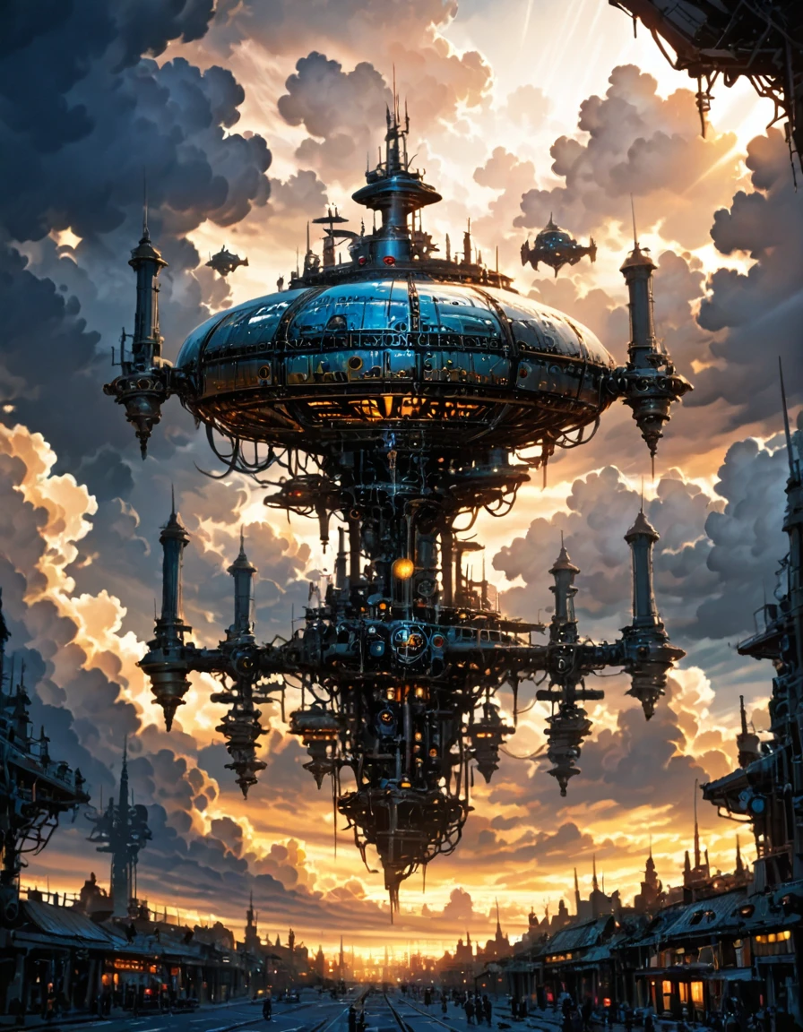 <lora:CWMinis_ST2xl:1> cwmst, absurdres, insanely detailed, steampunk, street, steampunk city, crowded, vegetation, E09, sun shades though clouds, sunlight, golden rays, atmospheric, dramatic lighting, ethereal, soft gradients, tranquil, majestic, natural light, cloudscape, warm glow, angel statue, huge steampunk drone, A15, Kolors, fluidicity, mod,