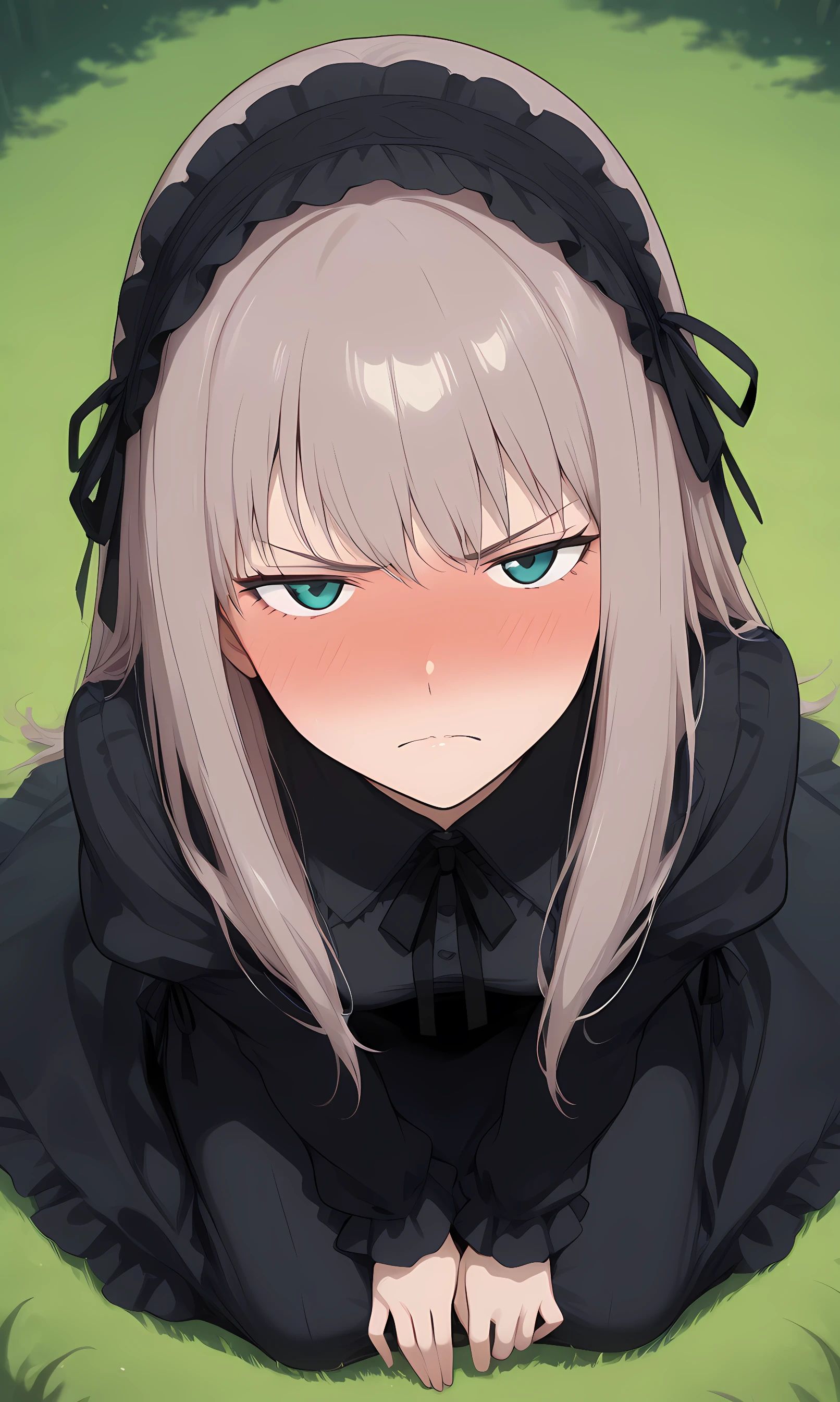 (1 girl, solo focus:1.5), chikako ubukata, aqua eyes, gray hair, long hair, straight hair, bangs, small breasts, gothiclolita outfit, frill, headdress, long skirt, sitting on grass, flared skirt, angry, disdain, disgust, (embarrassed, full-face blush:1.5), (looking at viewer, from above, from side:1.5), outdoors, grass