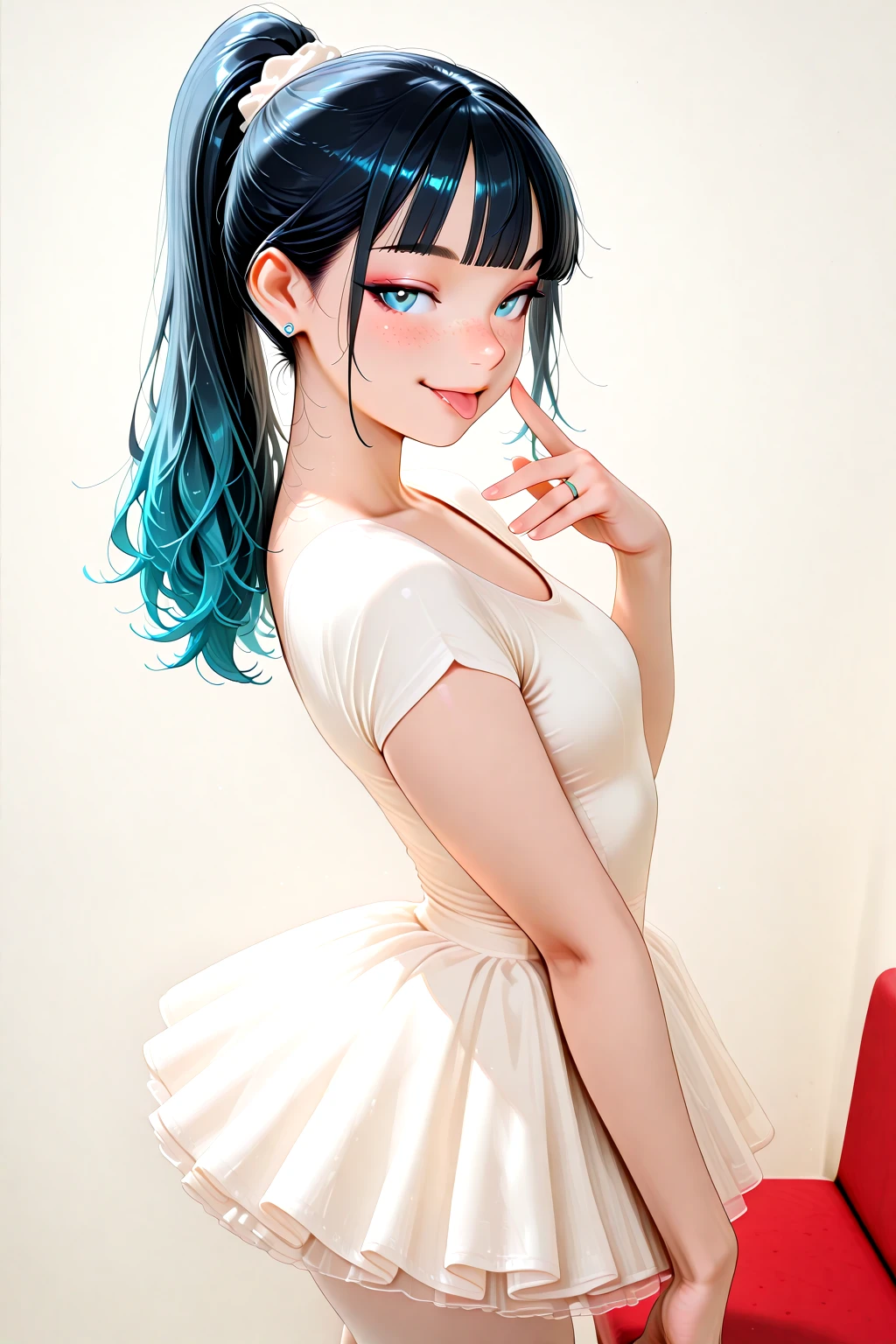 masterpiece, best quality, amazing quality, 1girl, solo, makeup, general, cowboy shot, looking at viewer, blush, dramatic angle, smile, from side, indoors, white background, simple background, standing, crossing legs, red sofa, (posing), finger to mouth, tongue out, <lora:Kimberly_-_by_IkariRH:0.8>, Kimb3r1yRH, dark hair, cyan gradient hair, high ponytail, long hair, blunt bangs, freckles, blue eyes, small mouth, thin nose, small breasts, slim, <lora:Ballerina_Outfit:1.1>, Ballerina_Outfit, white dress, white pantyhose, white leotard, ballerina, ballet, white tutu, short sleeves, ballet slippers, jewelry, earrings, skirt, white footwear, footwear ribbon, ring, collarbone, <lora:wai-A3-V140:1>, <lora:illustrious_noobai_epsilon_pred_1_masterpieces_v1:1>