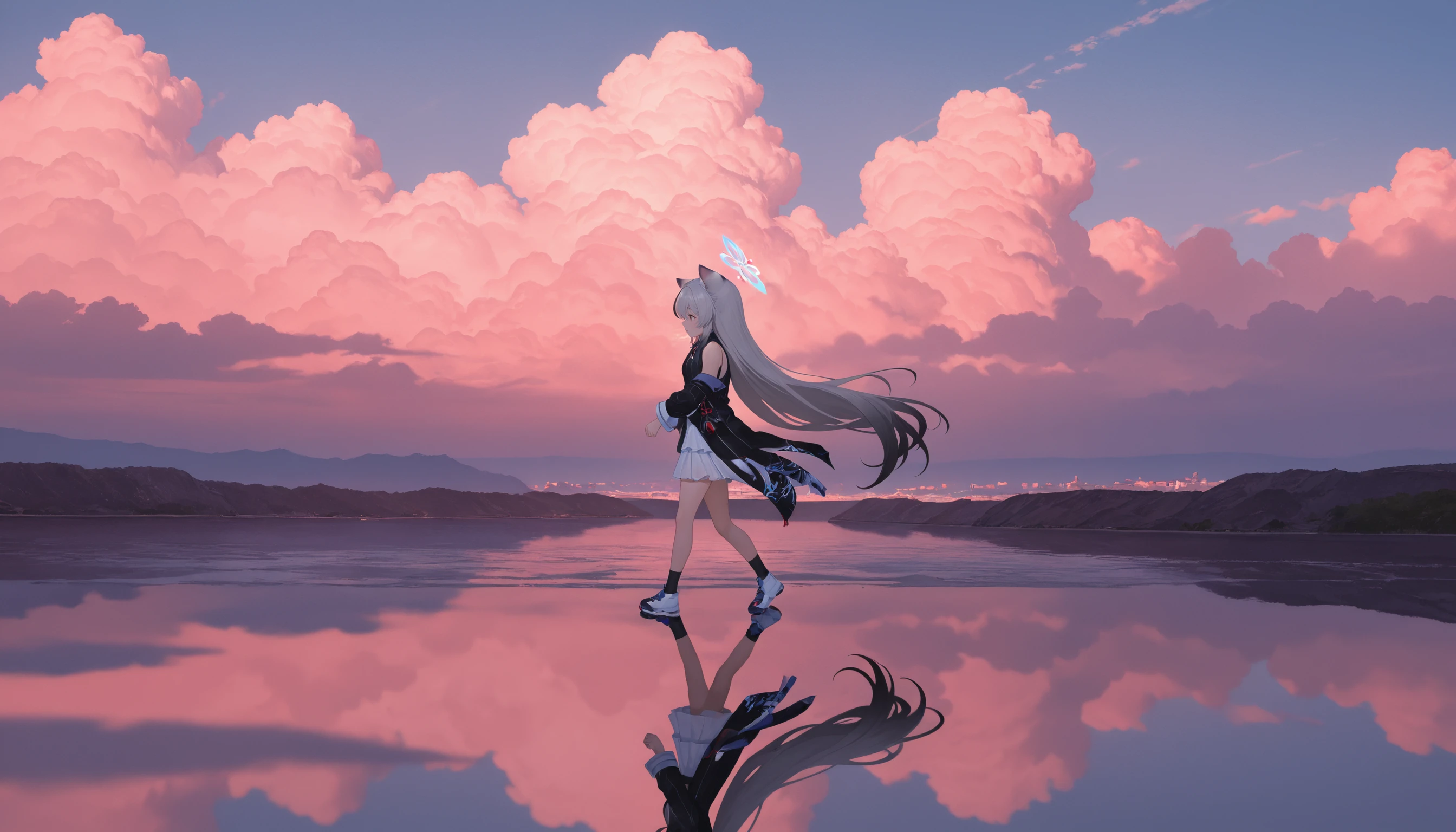 masterpiece,best quality,amazing quality,very aesthetic,absurdres,newest,scenery,
1girl,<lora:å¿å¥:0.9>,Sunohara Kokona,halo,animal ear fluff,animal ears,gray hair,black hair,brown eyes,hair between eyes,multicolored hair,streaked hair,very long hair,
(pink theme:1.2),(blue_theme:0.9),water surface,reflection,reflection,cloud,side angle,wind,facing_away,from_side,panorama,running,
photorealistic,masterpiece,best quality,amazing quality,very aesthetic,absurdres,newest,scenery,volumetric lighting,