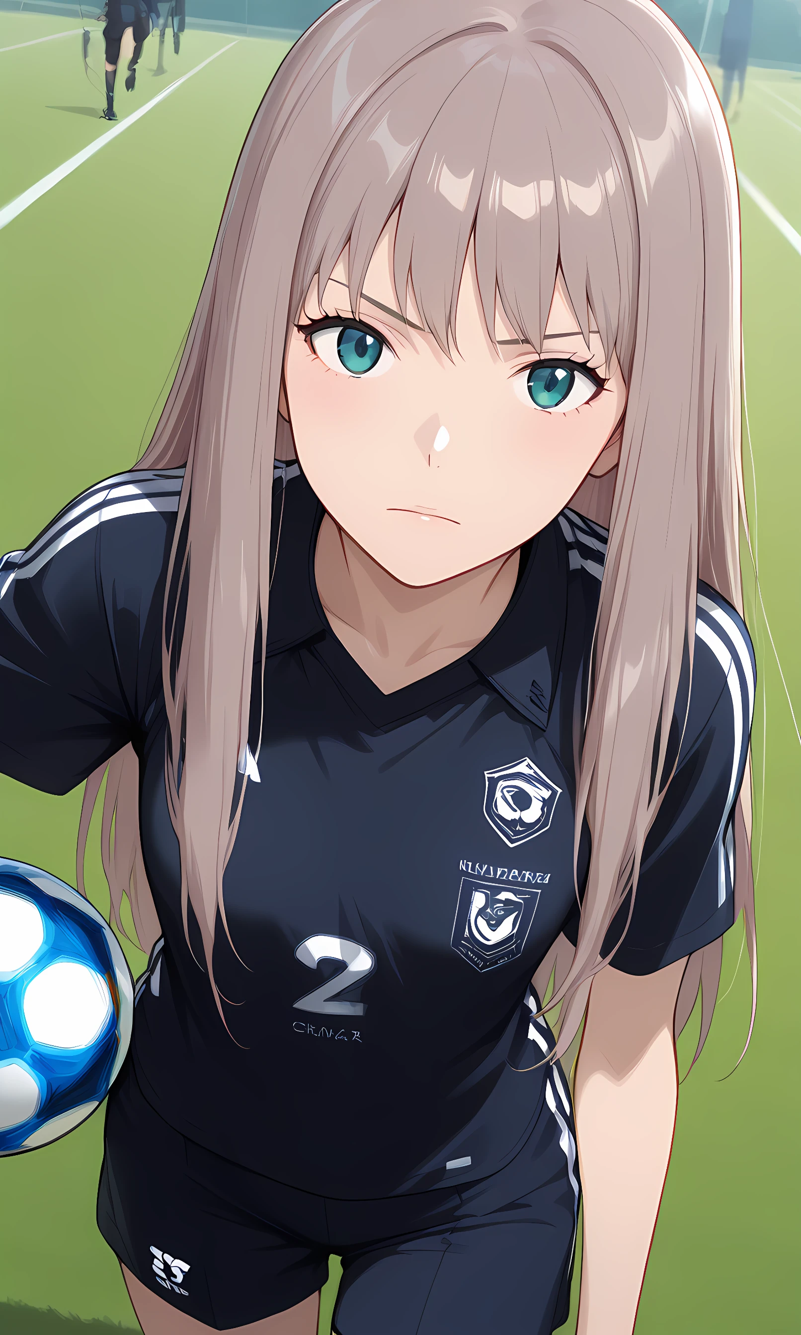 (1 girl, solo focus:1.5), chikako ubukata, aqua eyes, gray hair, long hair, straight hair, bangs, small breasts, black black soccer uniform, short sleeves, shorts, holding soccer ball, (looking at viewer:1.5), face focus, cowboy shot, soccer ground, outdoors