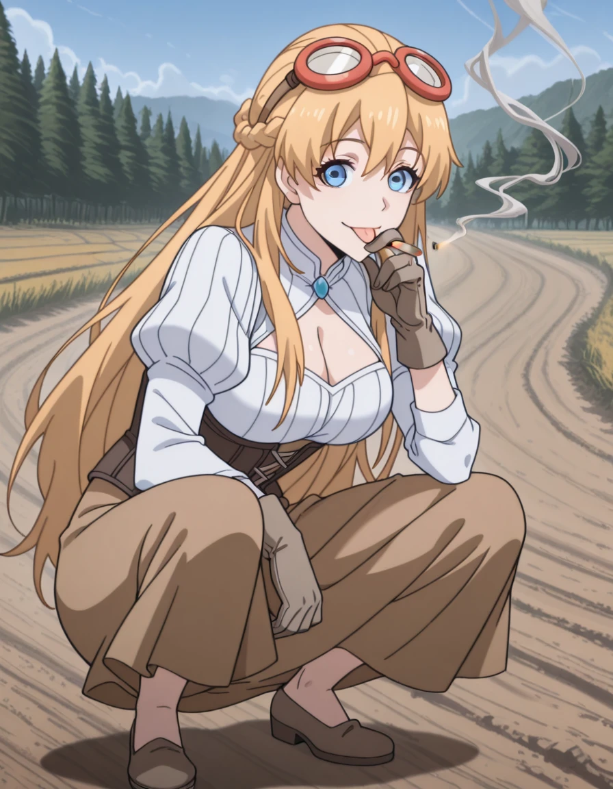 masterpiece, best quality, amazing quality,, <lora:su-mucheng-s1-illustriousxl-lora-nochekaiser:1>, su mucheng, long hair, blonde hair, blue eyes, hair between eyes, braids, hair braid, mature female, medium breasts, anime screencap, googles, googles on head, gloves, cleavage, shirt, juliet sleeves, corset, skirt, brown skirt, white shirt,, <lora:slav-squatting-illustriousxl-lora-nochekaiser:1>, slav squatting, solo, looking at viewer, smile, gloves, holding, full body, looking at viewer, tongue, tongue out, holding, holding cigarette, smoke, bike ride, countryside, dirt road, trees, afternoon sun, peaceful, alone, cowboy shot, solo, looking at viewer,