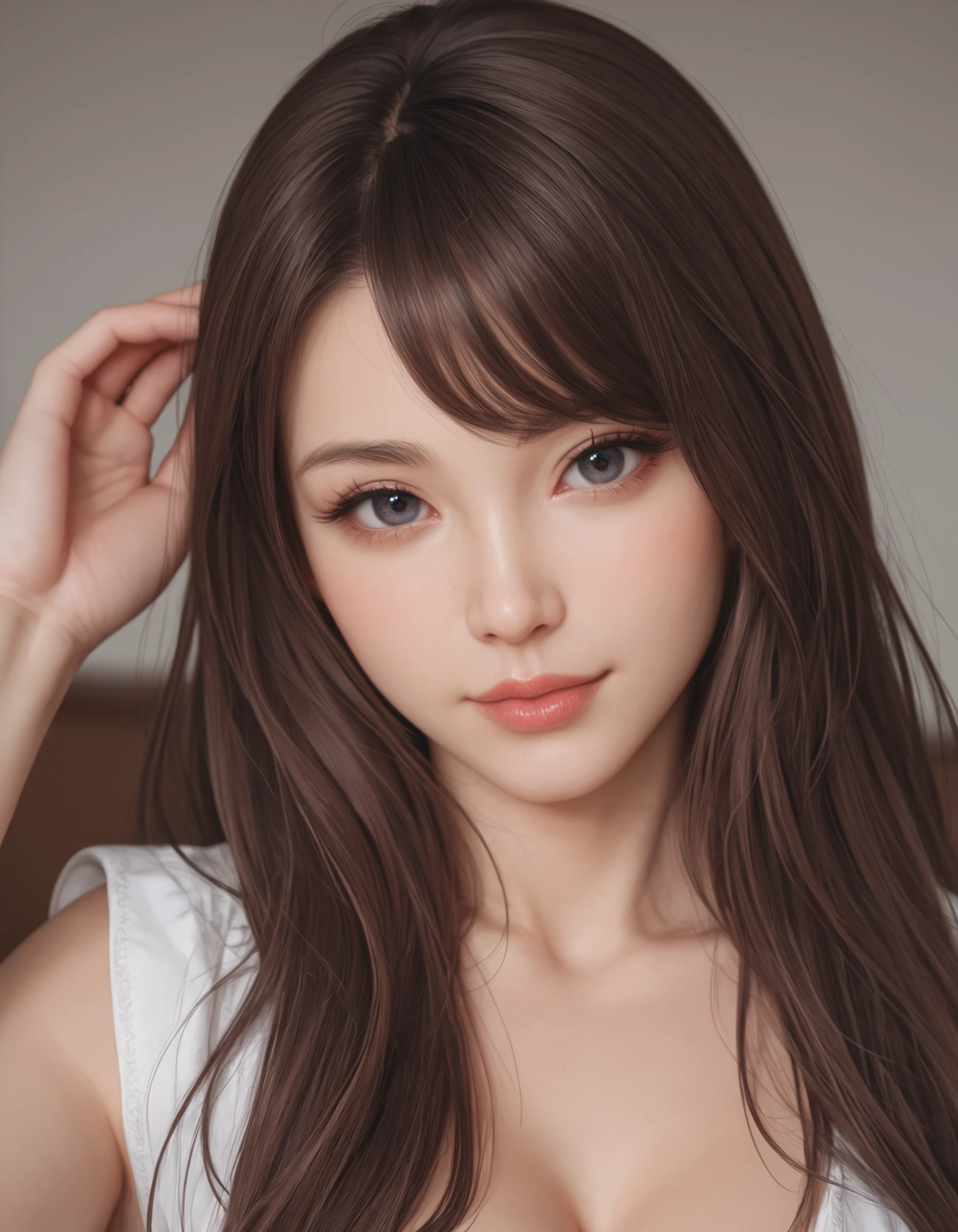 zPDXL3, safe_pos, score_9, score_8_up, source_realistic, rating_explicit, 8k, best quality, masterpiece, expressiveh, intricate details, ultra high res, sharp focus, digital art, cinematic, extremely detailed, cinematic light, photo studio lighting, Unreal Engine, dramatic angle, dynamic camera angle,
unique perspective, unique angle, wide angle, dutch angle, foreshortening, blurred eyes,
1girl, solo, brown hair, long hair, upper body shot, cleavage, seductive smile, japanese,
innocent, extra blush under eyes, big eyes, beautiful detailed eyes, detailed beautiful delicate face, realistic humid skin, detailed skin sexy pose, sensual posture, graceful pose, curvy, scenery