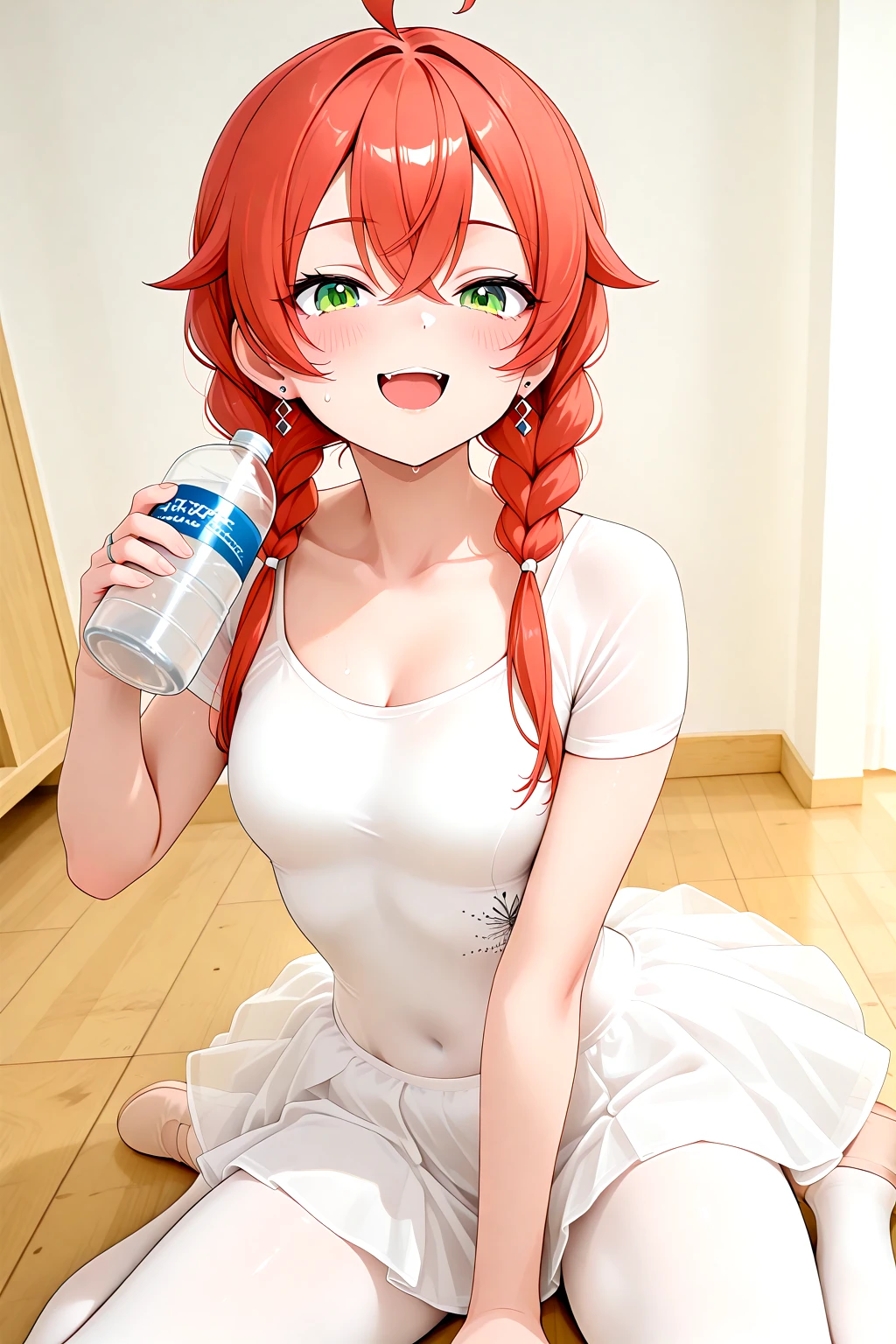 masterpiece, best quality, amazing quality, 1girl, solo, makeup, general, cowboy shot, looking at viewer, blush, dramatic angle, smile, sweat, practice room, wariza, indoors, tired, sitting on floor, open mouth, drinking water, holding water bottle, drinking, <lora:kp_ShishidoAkariNijisanjiIllustrious_v1_0:0.6>, SA1stHairstyle, SA1stCostume, red hair, low twin braids, green eyes, eyelashes, ahoge, <lora:Ballerina_Outfit:1.1>, Ballerina_Outfit, white dress, white pantyhose, white leotard, ballerina, ballet, white tutu, short sleeves, ballet slippers, jewelry, earrings, skirt, white footwear, footwear ribbon, ring, collarbone, <lora:wai-A3-V140:1>, <lora:illustrious_noobai_epsilon_pred_1_masterpieces_v1:1>