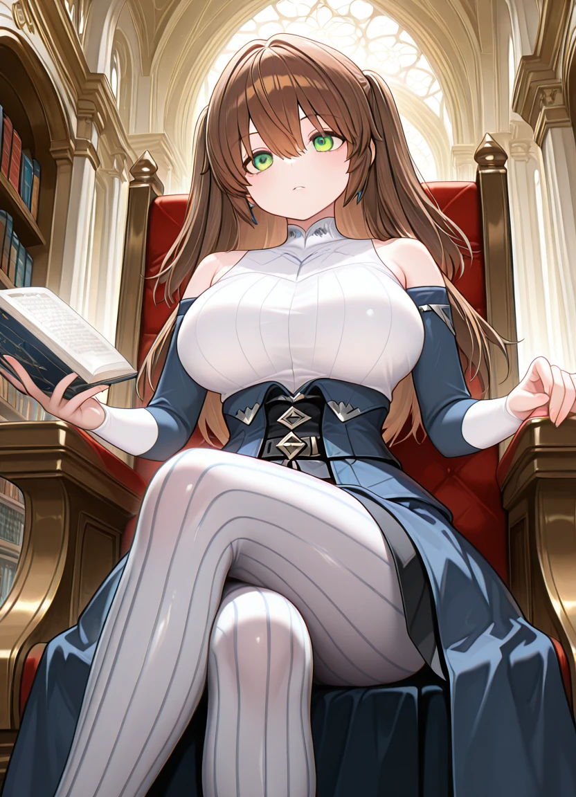 lazypos, 1girl, solo, indoors, palace interior, library, sitting reading a book, cross legs, <lora:Minuet_Mycelin_-_Hazure_Skill_Gacha:1> MINUETGACHA, green eyes, hair between eyes, brown hair, green eyes, bangs, two side up, detached sleeves, off-shoulder white blouse, blue long overskirt with silver clasps, short black plated skirt, belt with metallic embellishments, large breasts, fingernails, striped grey pantyhose,